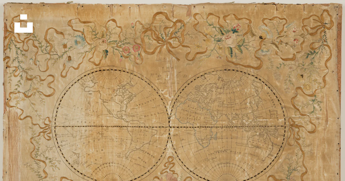 Border Fade Map Old, faded map with two world projections and floral borders. photo ...