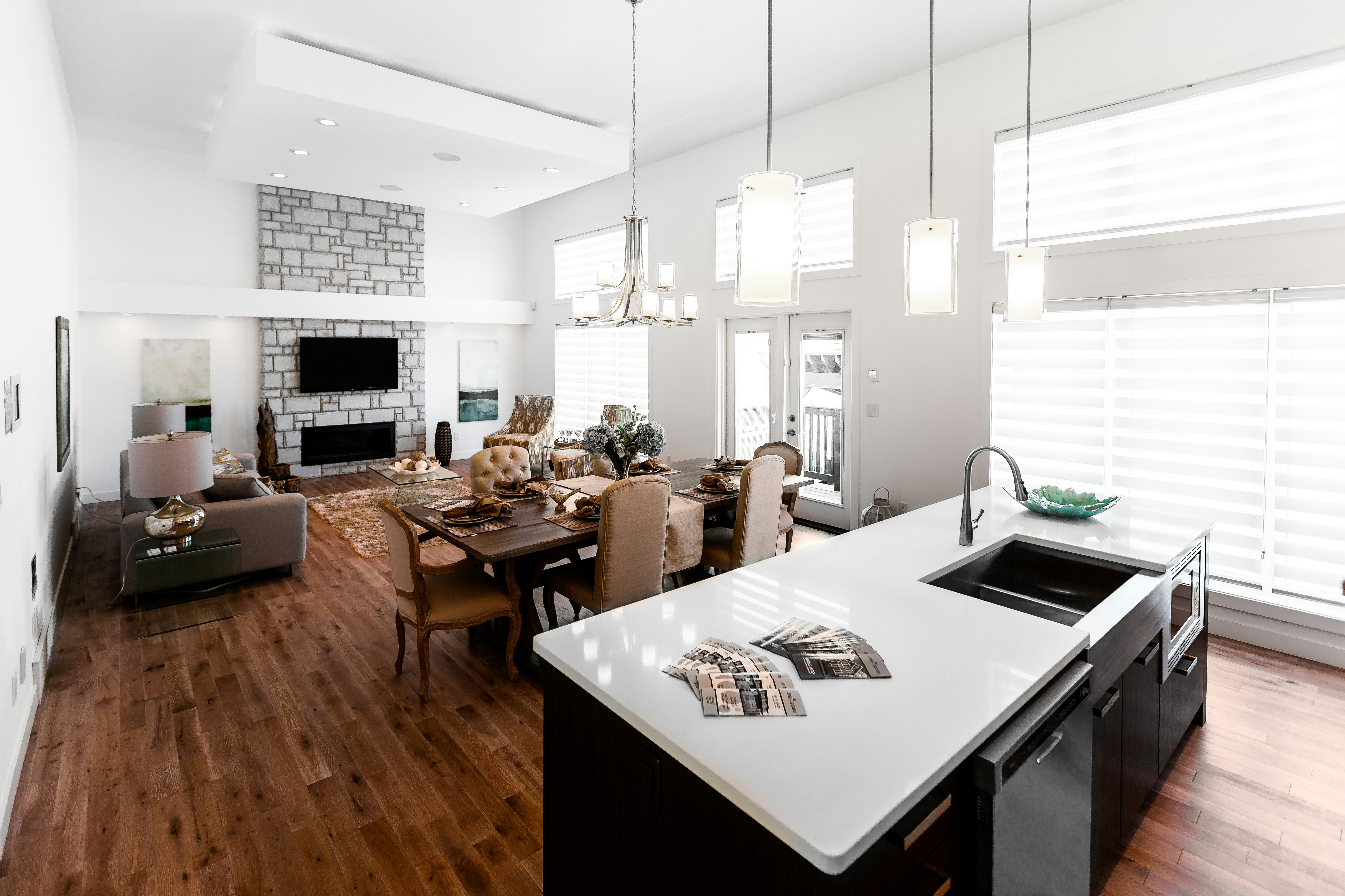 Spacious open-concept kitchen, dining, and living room.