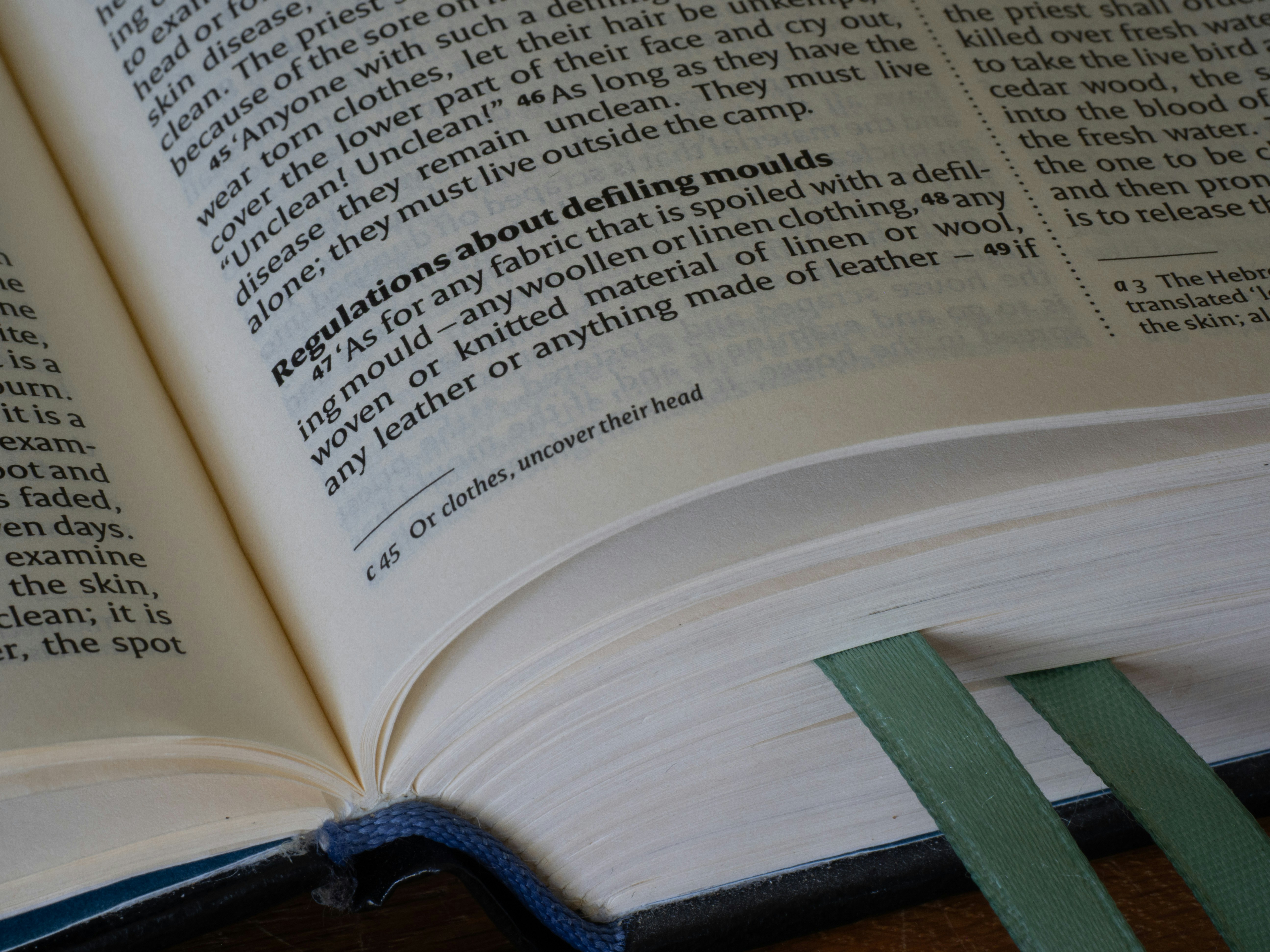 Ein offenes Buch mit Text und zwei grünen Lesezeichen.