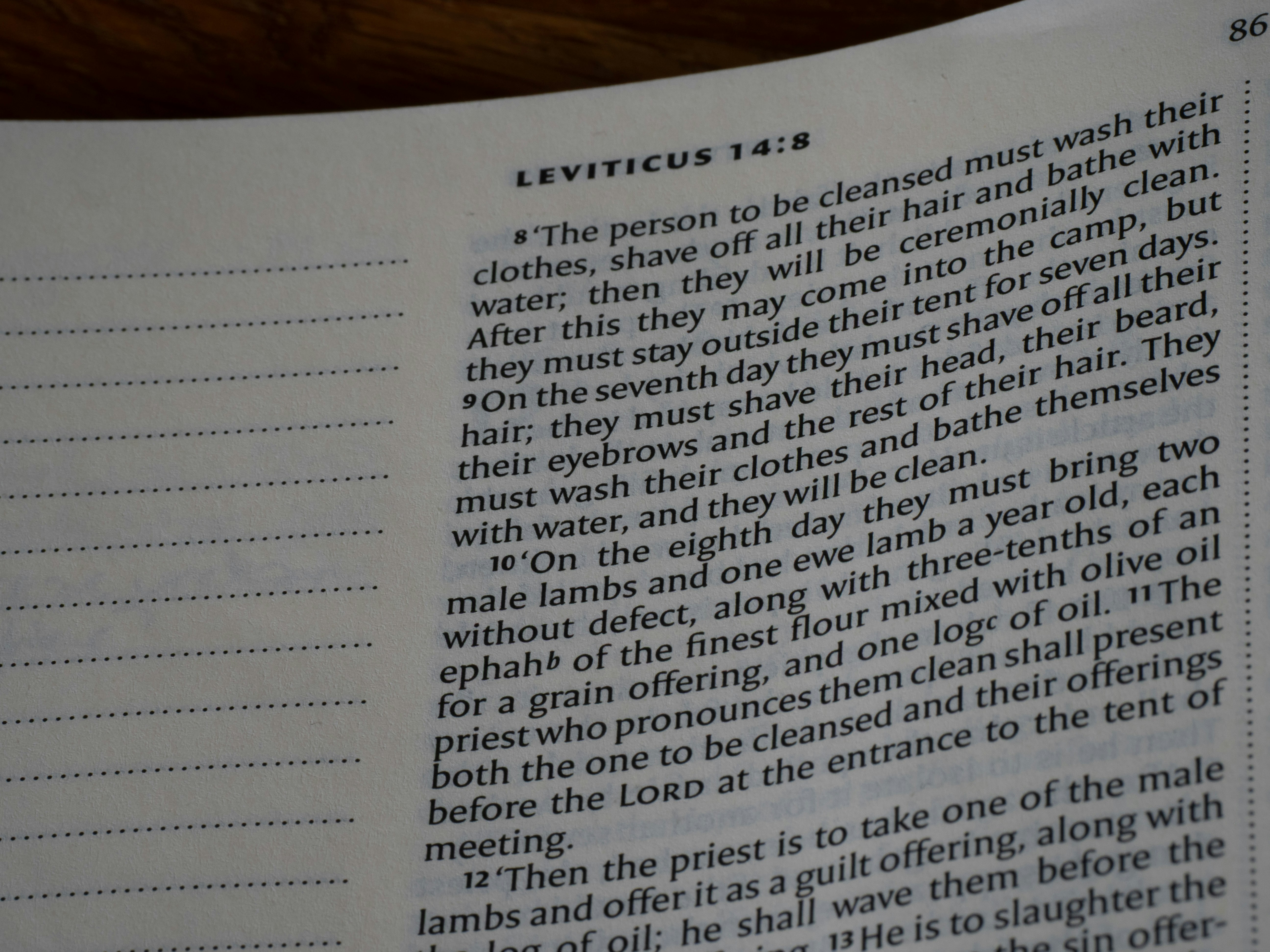 Eine offene Bibelseite mit Text aus Levitikus 14