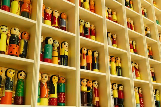 Many colorful wooden dolls are displayed on white shelves.