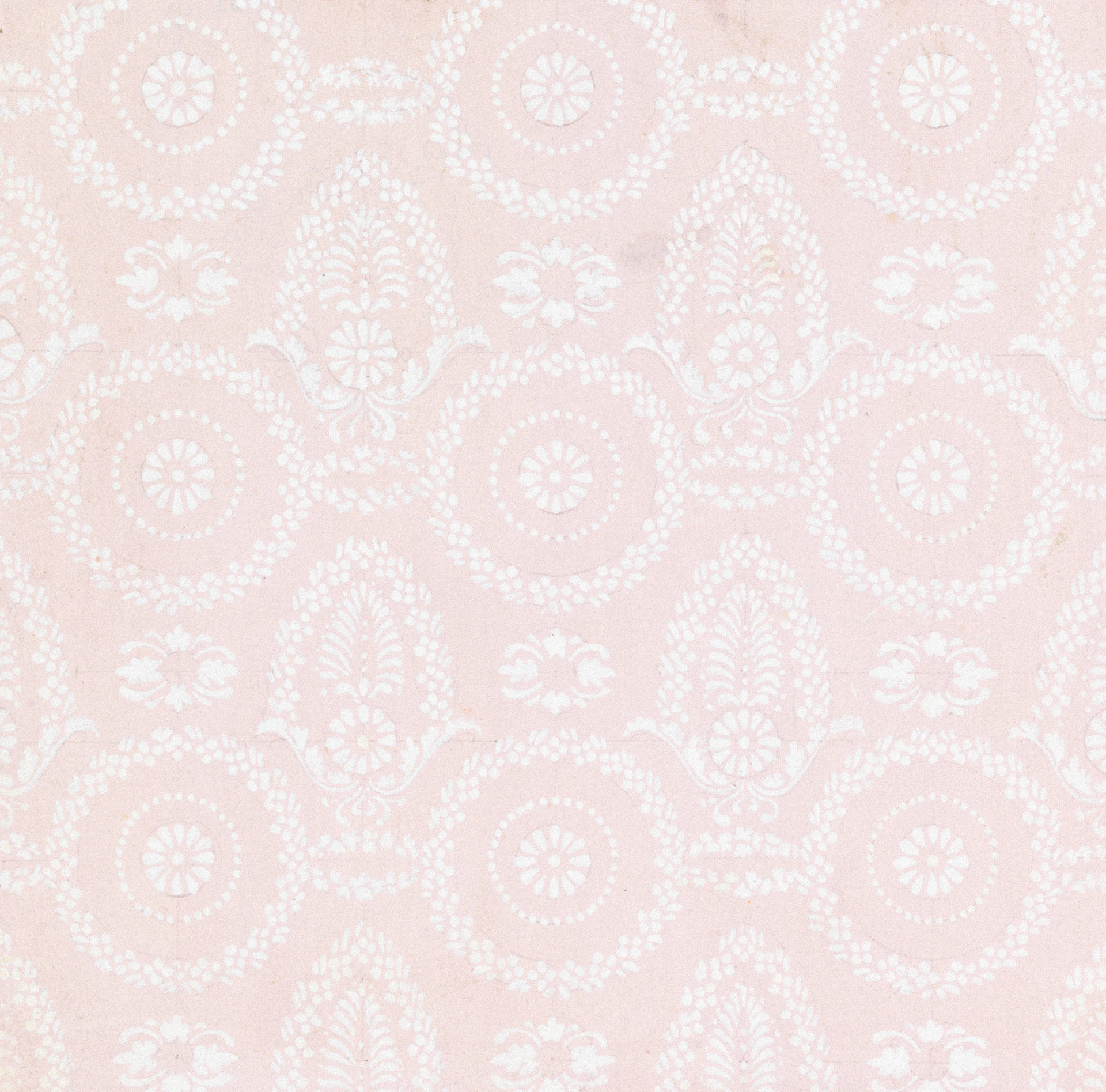 Light pink background with subtle white damask pattern.