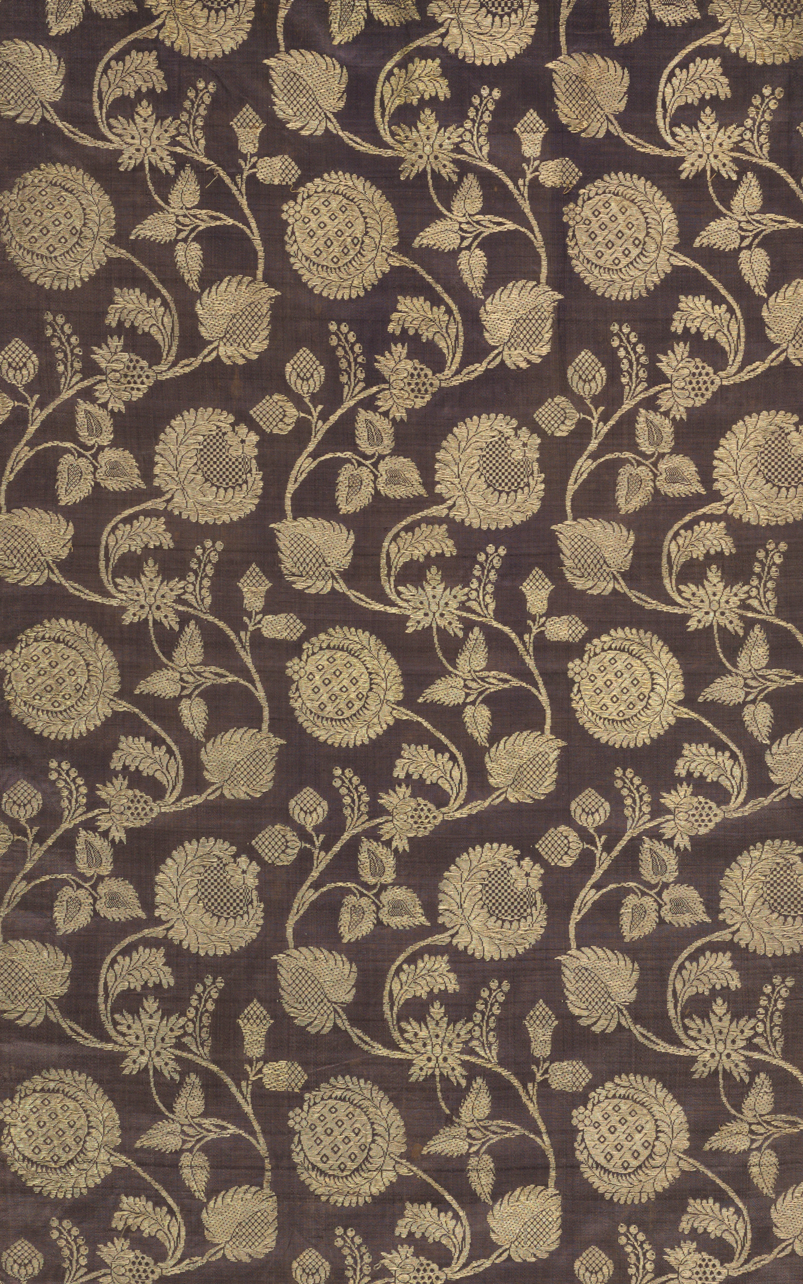 Gold floral brocade on dark brown ground