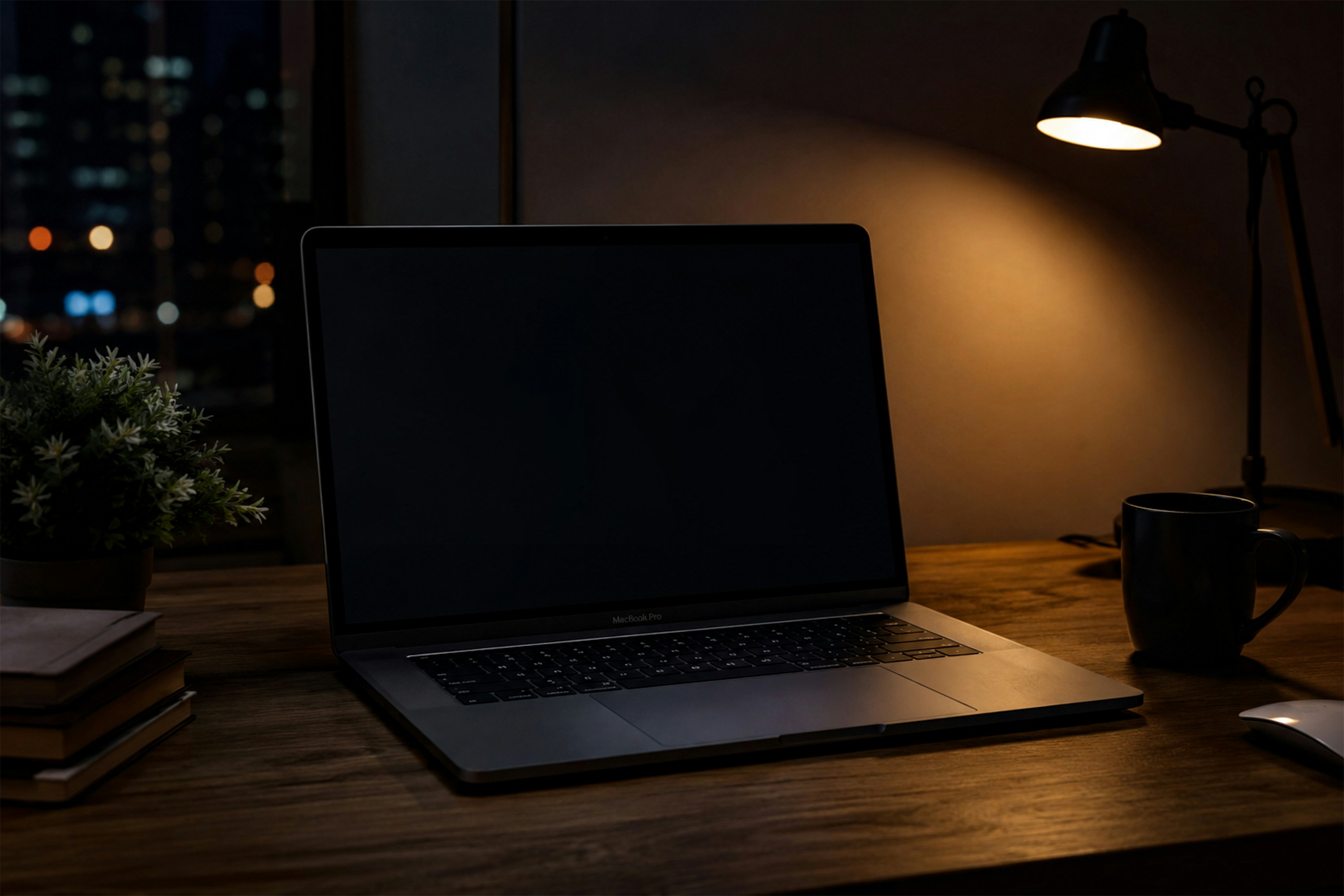 Laptop and lamp on a wooden desk at night.