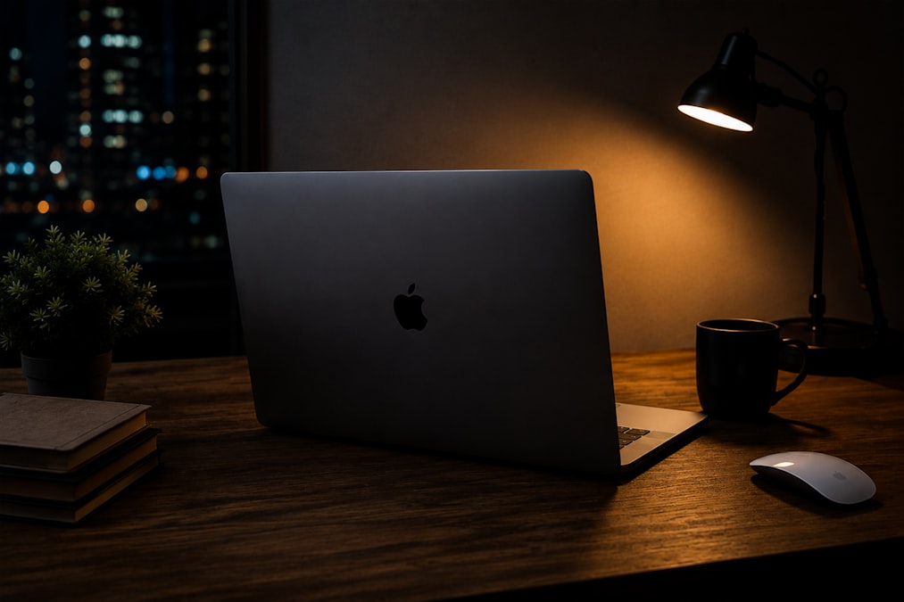 Laptop and lamp on a desk at night.