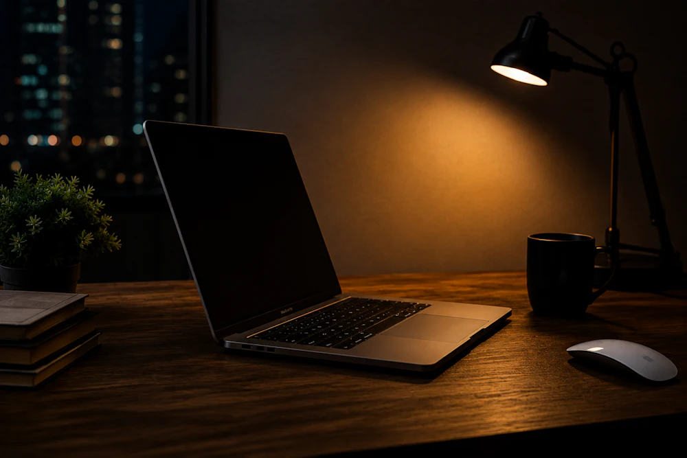 A desk at night with a laptop and lamp in front of a window full of city lights