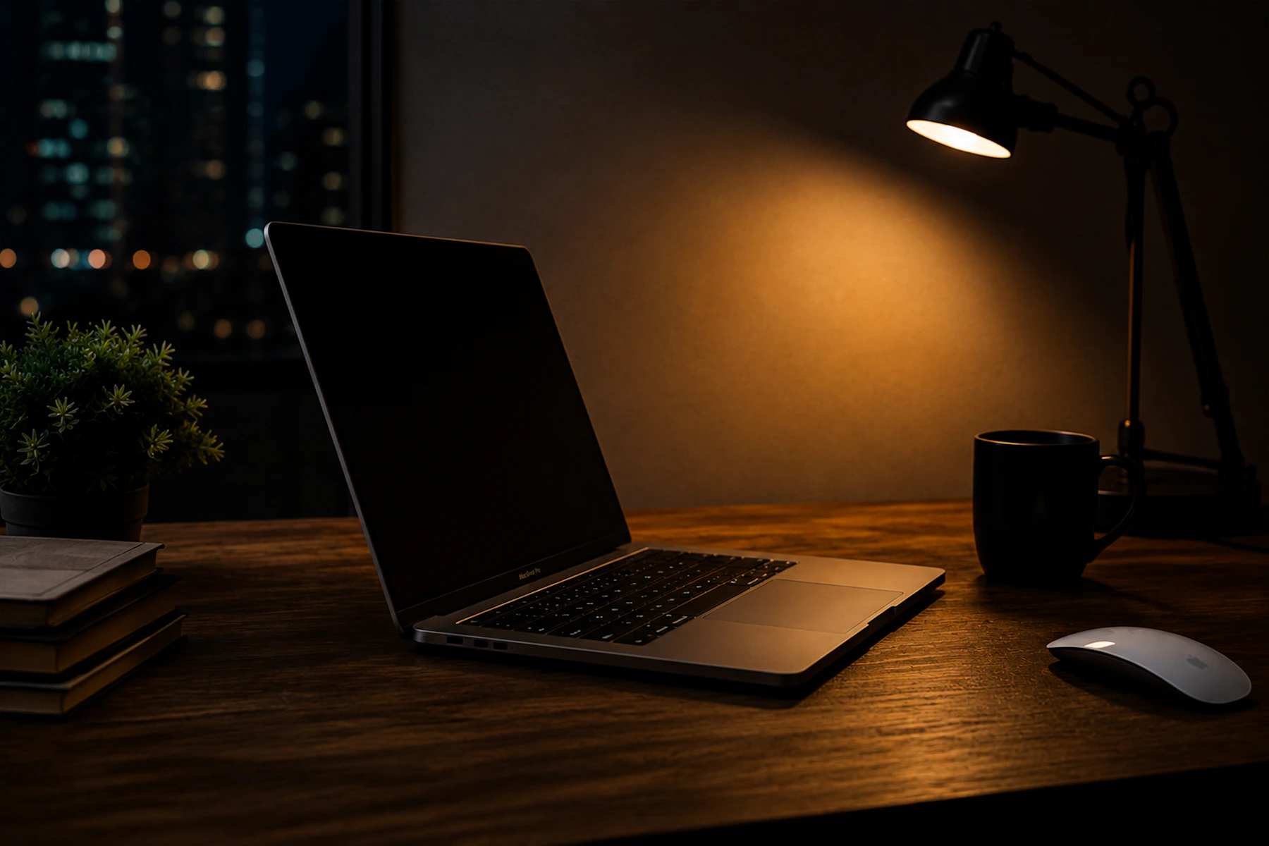 Nighttime desk scene with laptop, lamp, and city lights