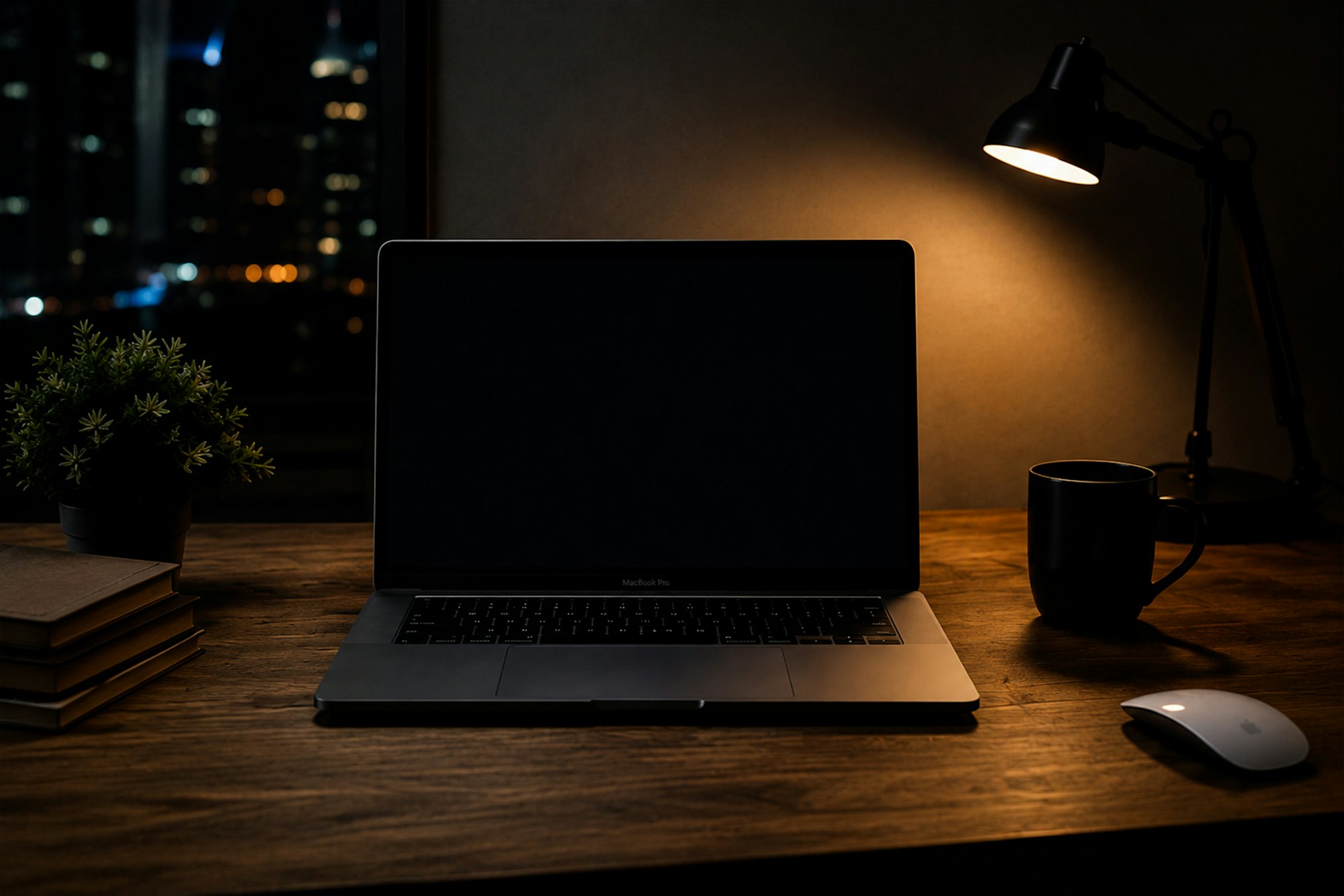 Mesa de trabalho à noite com notebook e a cidade iluminada ao fundo