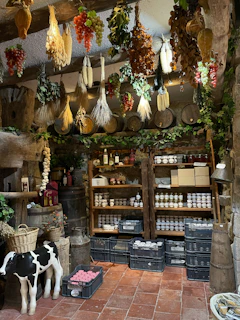 Rustic cellar with hanging produce and shelves of goods
