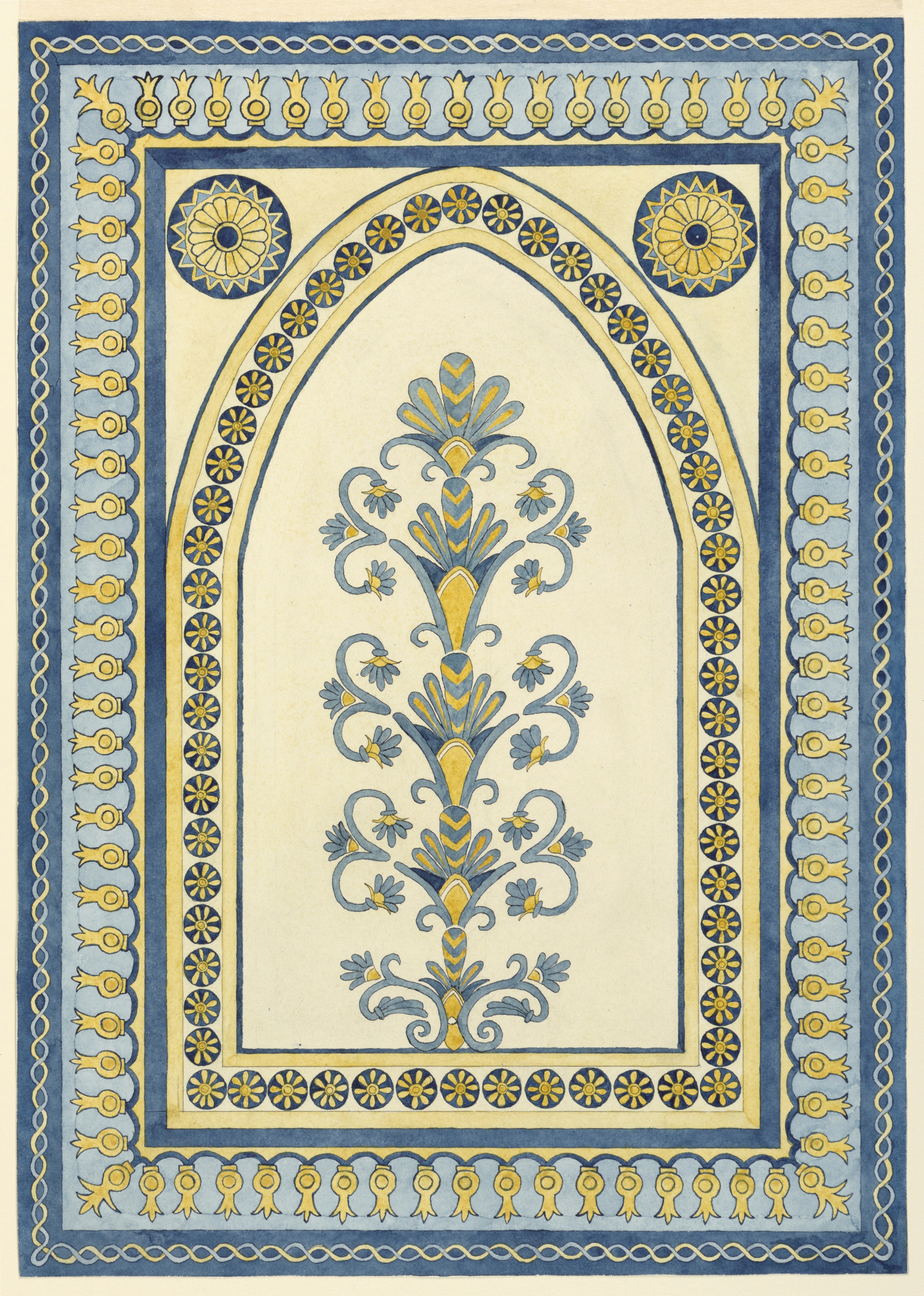 Motif décoratif orné bleu et jaune avec un motif floral central.