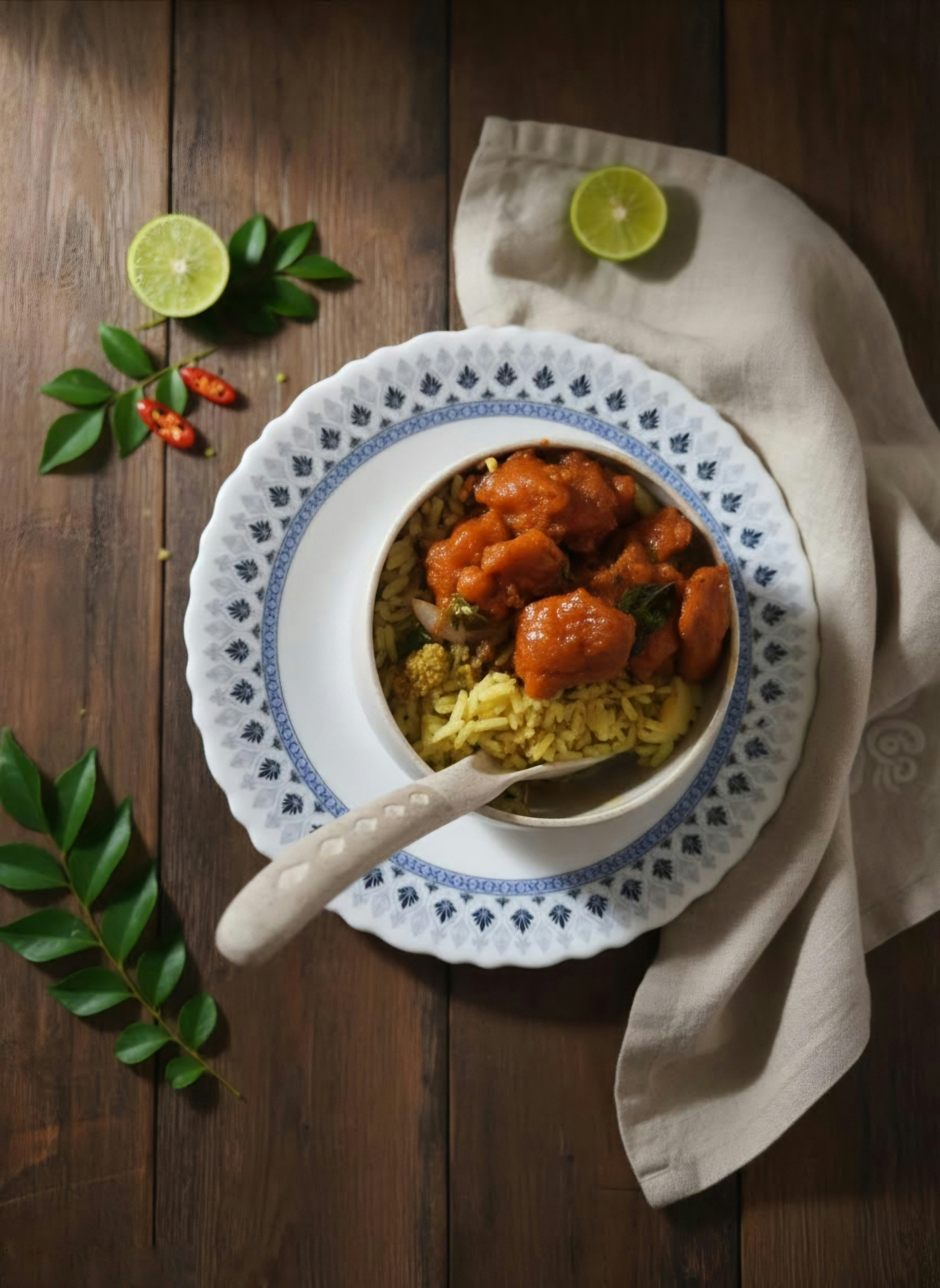Spicy chicken and rice dish with lime and curry leaves.