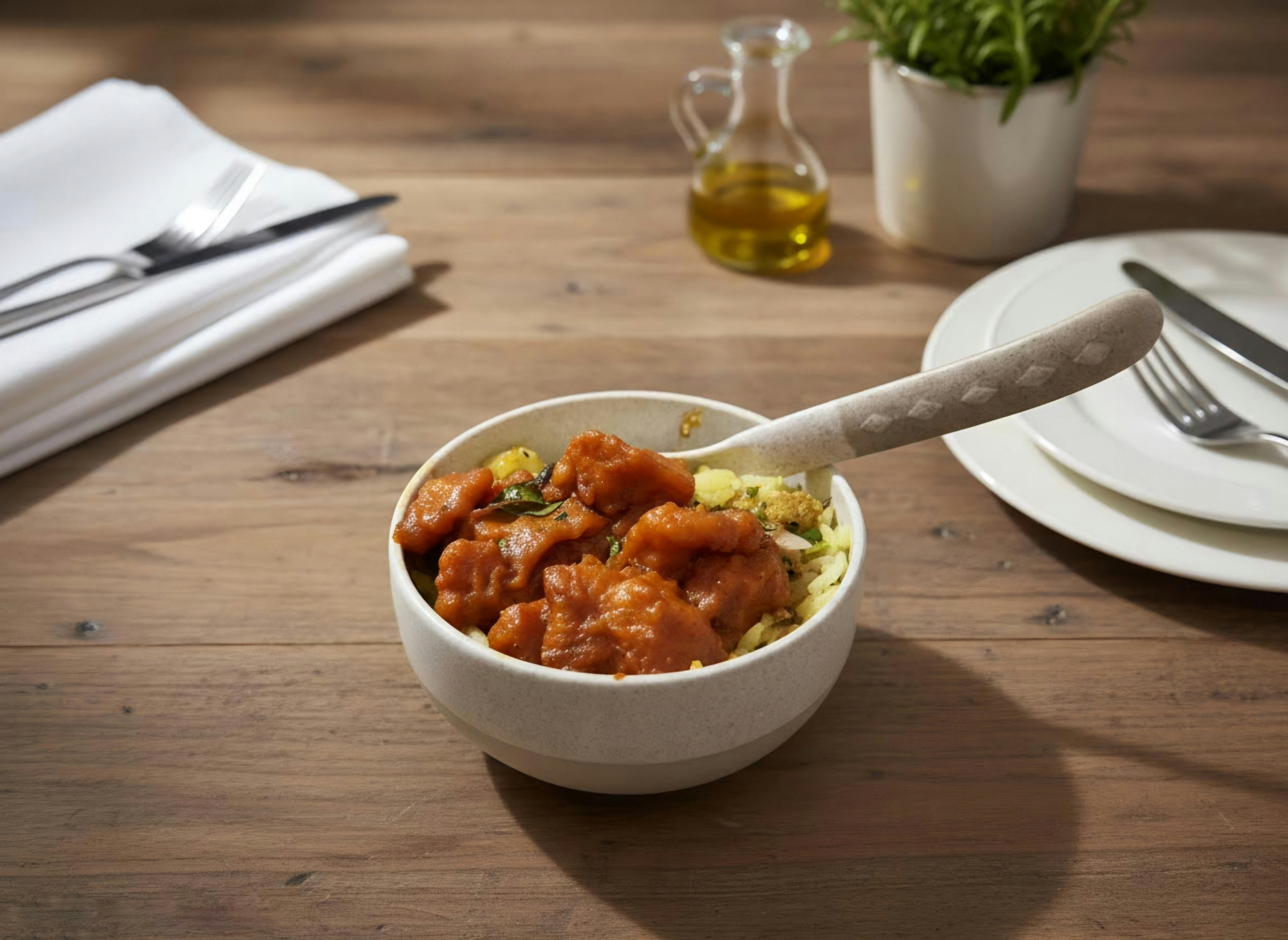Orange chicken in a bowl with a spoon.