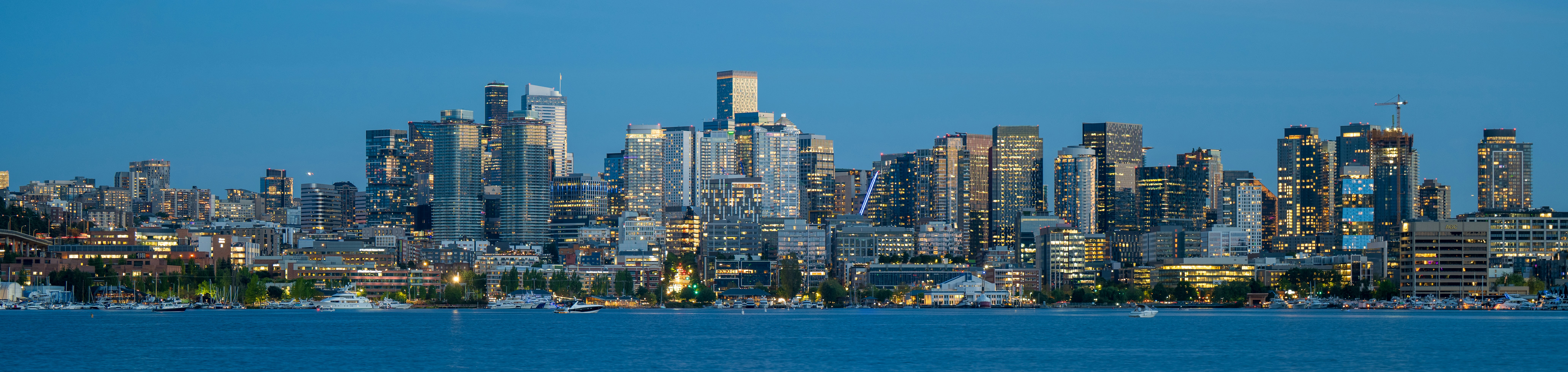 Downtown city skyline illuminated across blue water