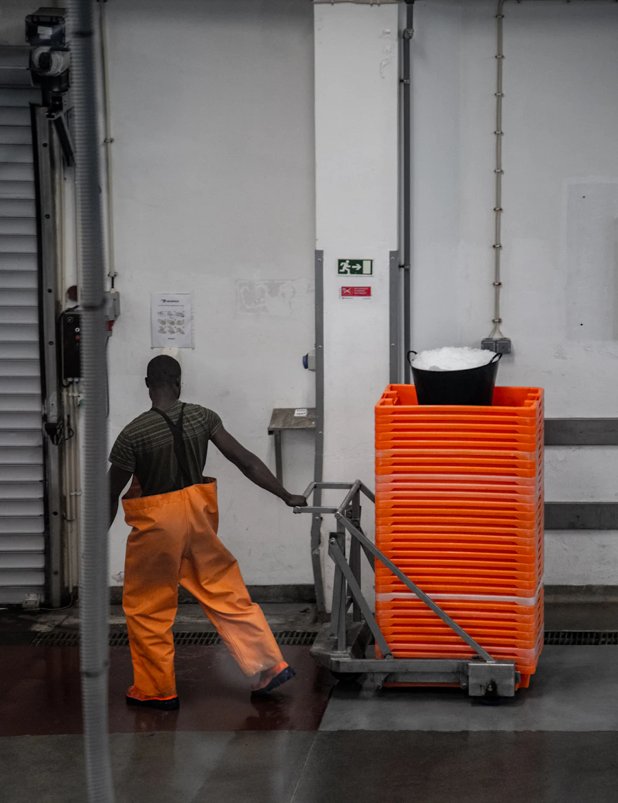 Trabajador organiza cajas en cámara fría industrial