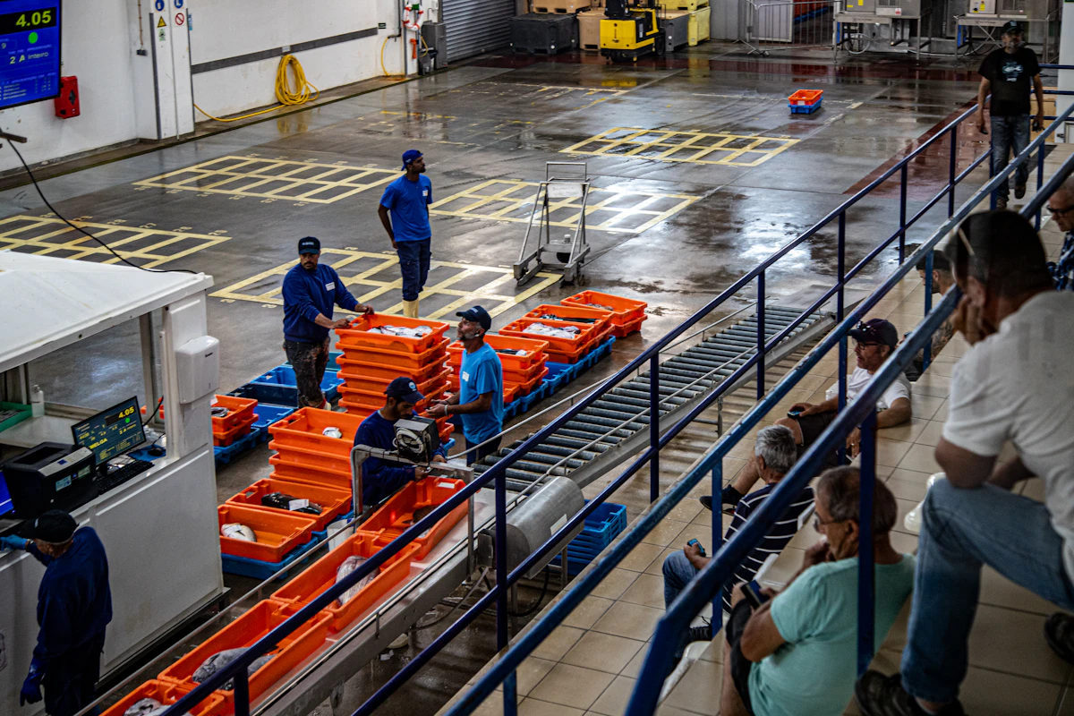 Robots AGV moviendose entre estanterias de un almacen automatizado