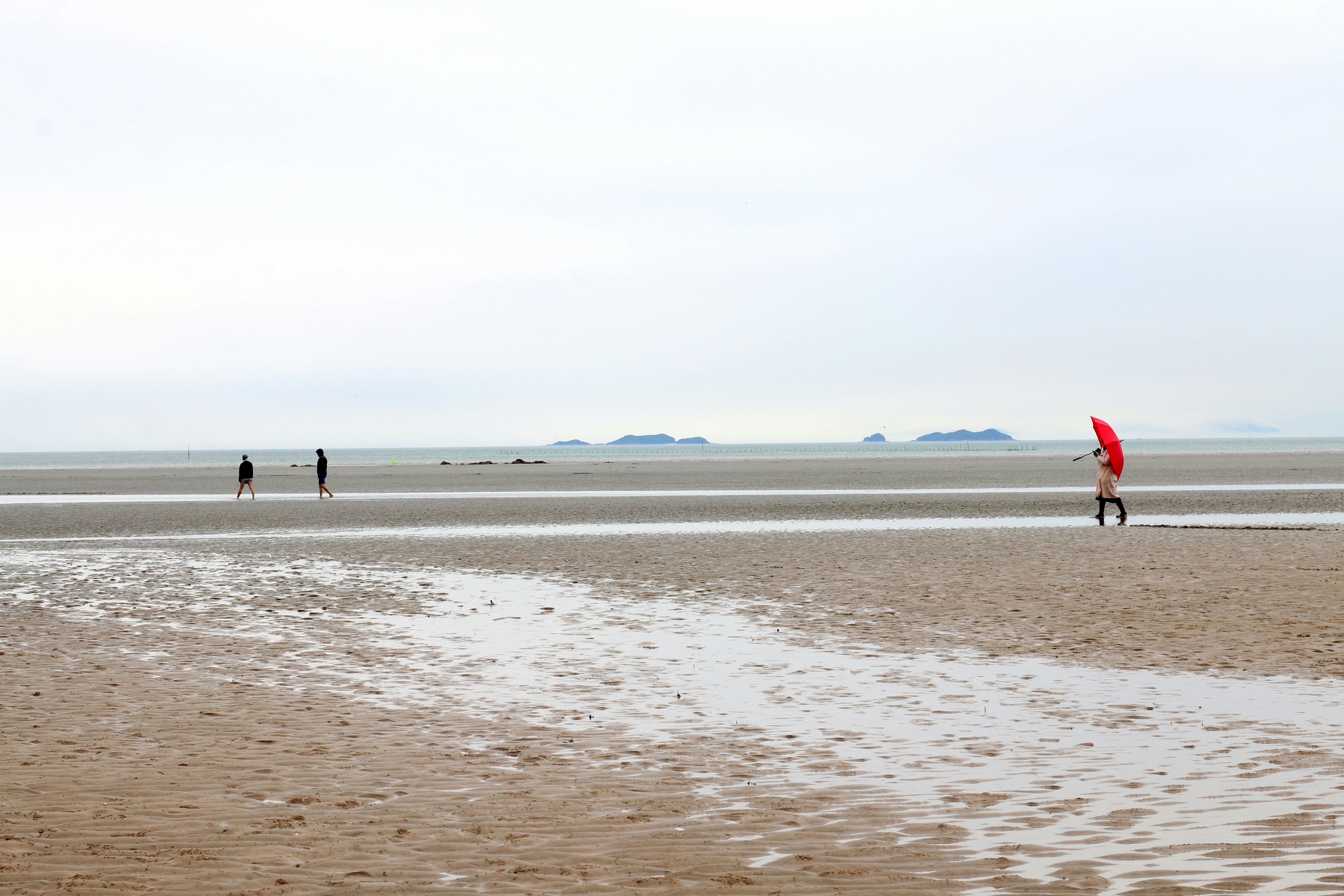 People and a red umbrella on a vast, cloudy beach