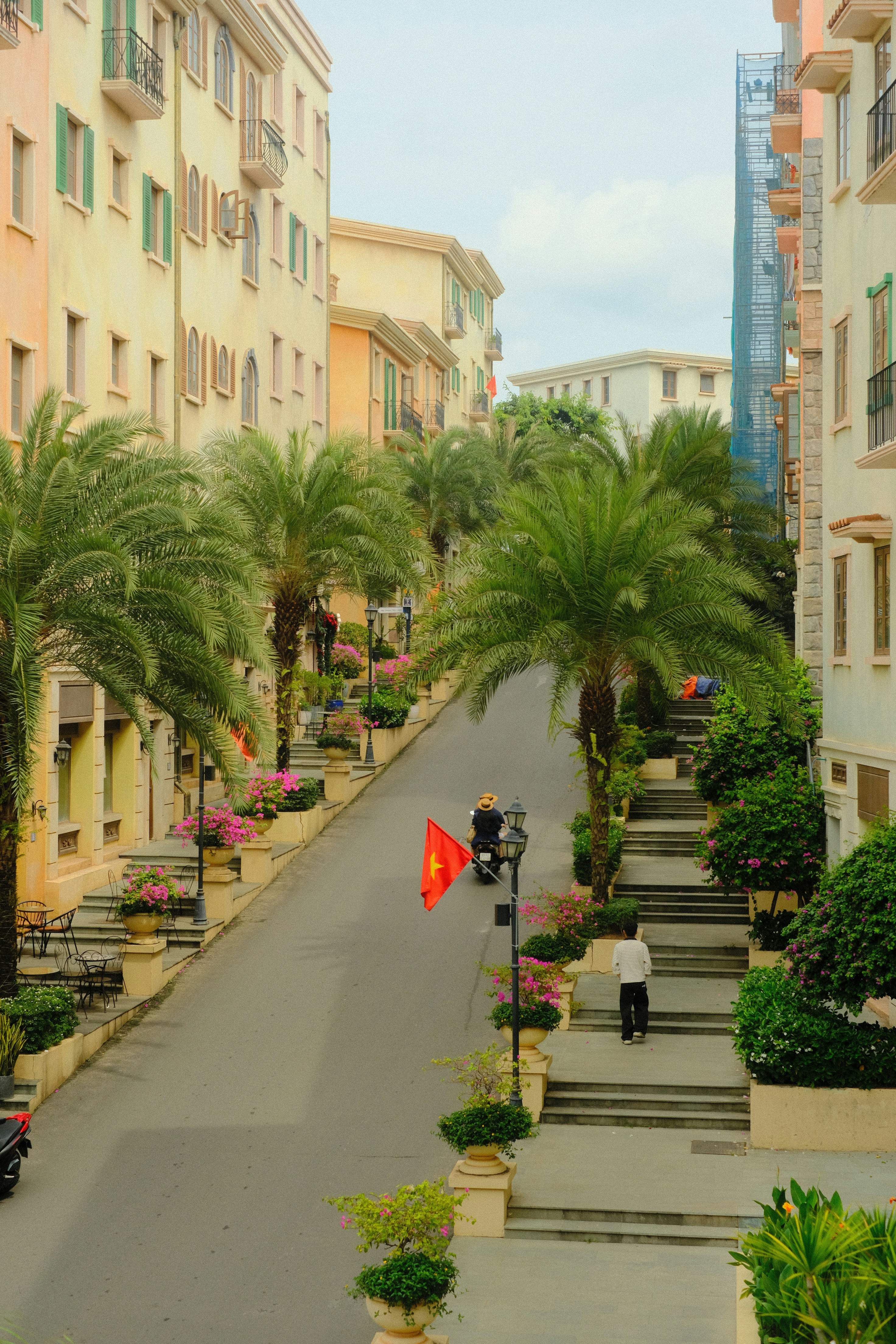 Vietnamese street scene with buildings, palm trees, and scooter.