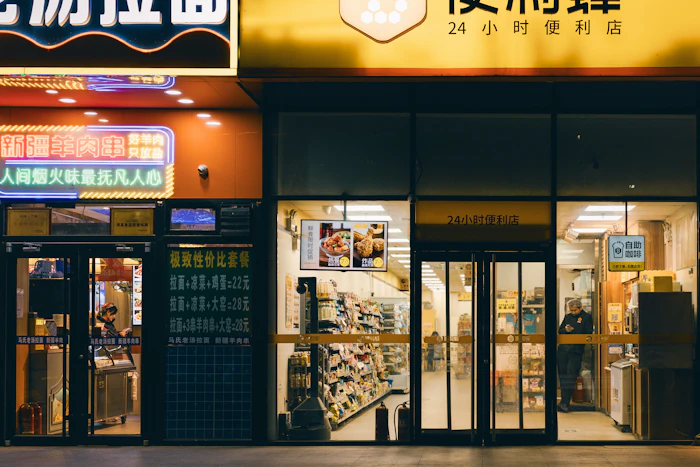 Des devantures très éclairées la nuit, y compris une supéret