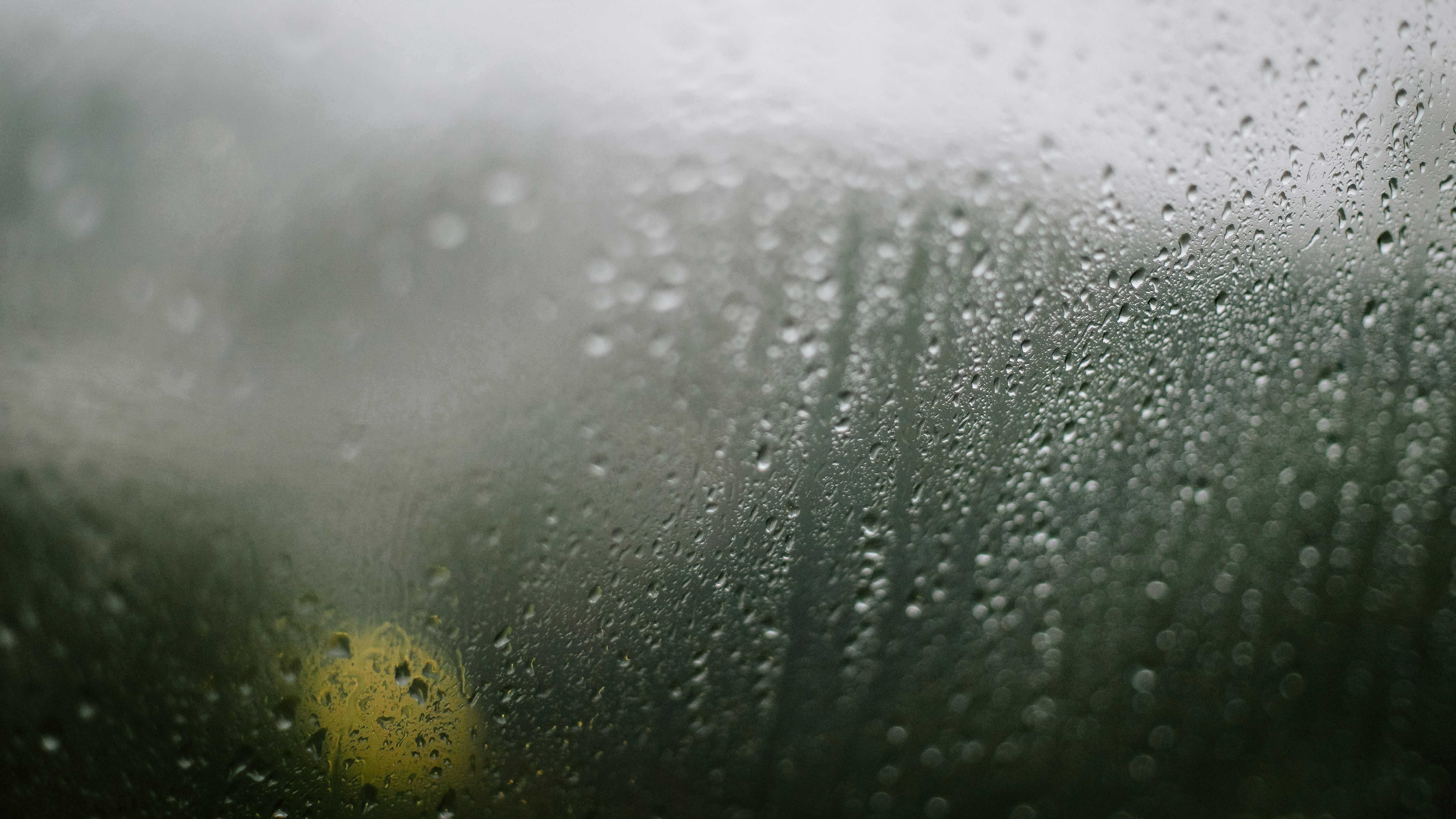 Raindrops clinging to a window pane on a cloudy day.