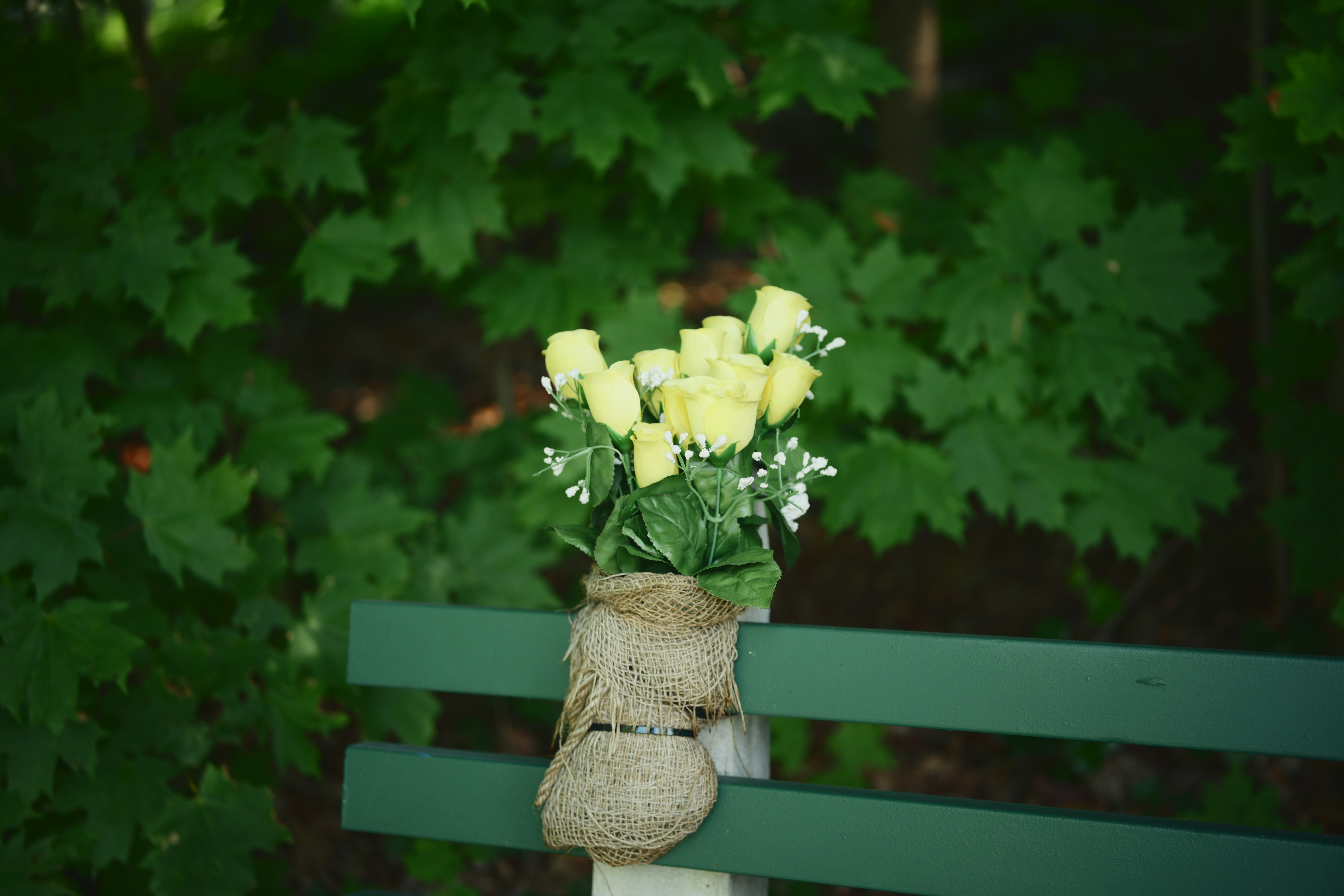Yellow roses bouquet tied to a green park bench.