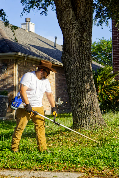 Man trimming weeds around a tree in a sunny yard