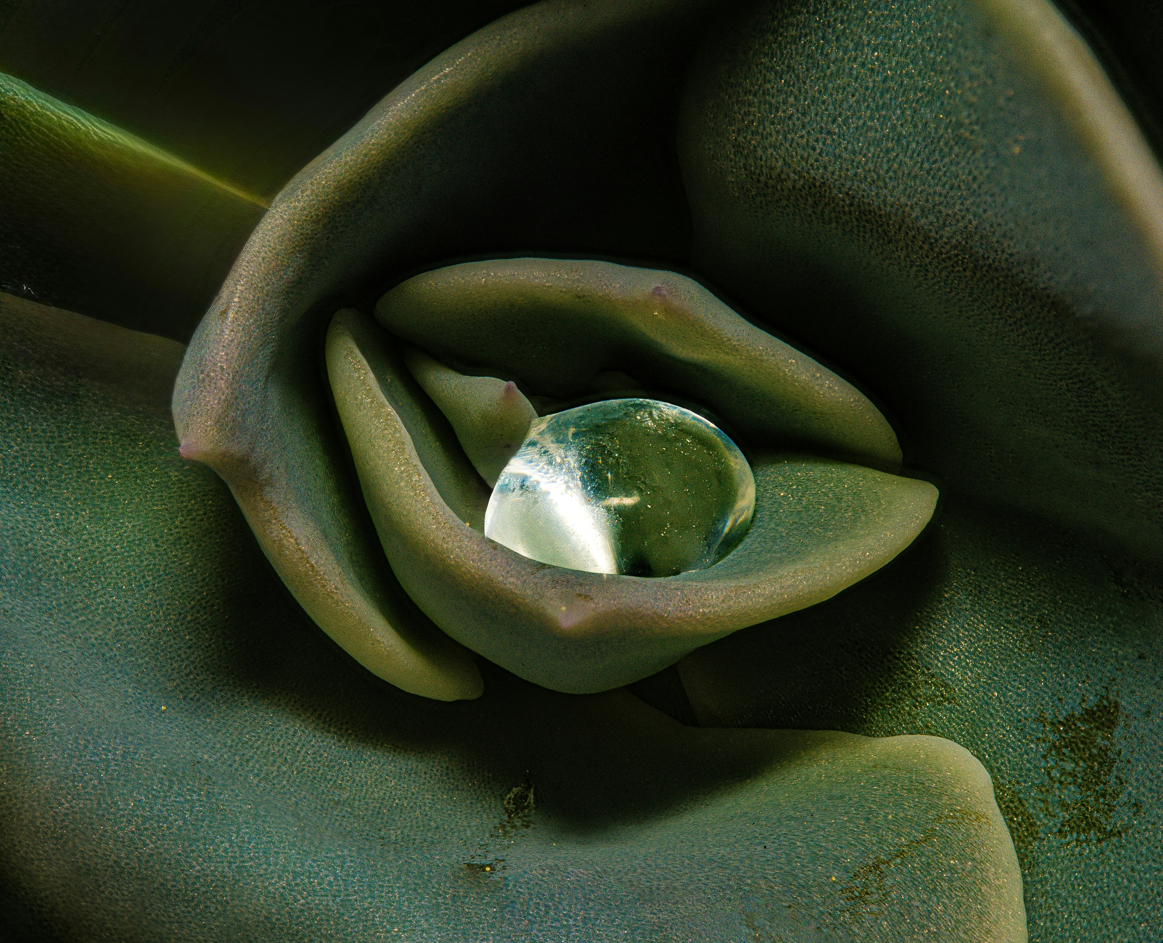A single water droplet rests in a succulent plant