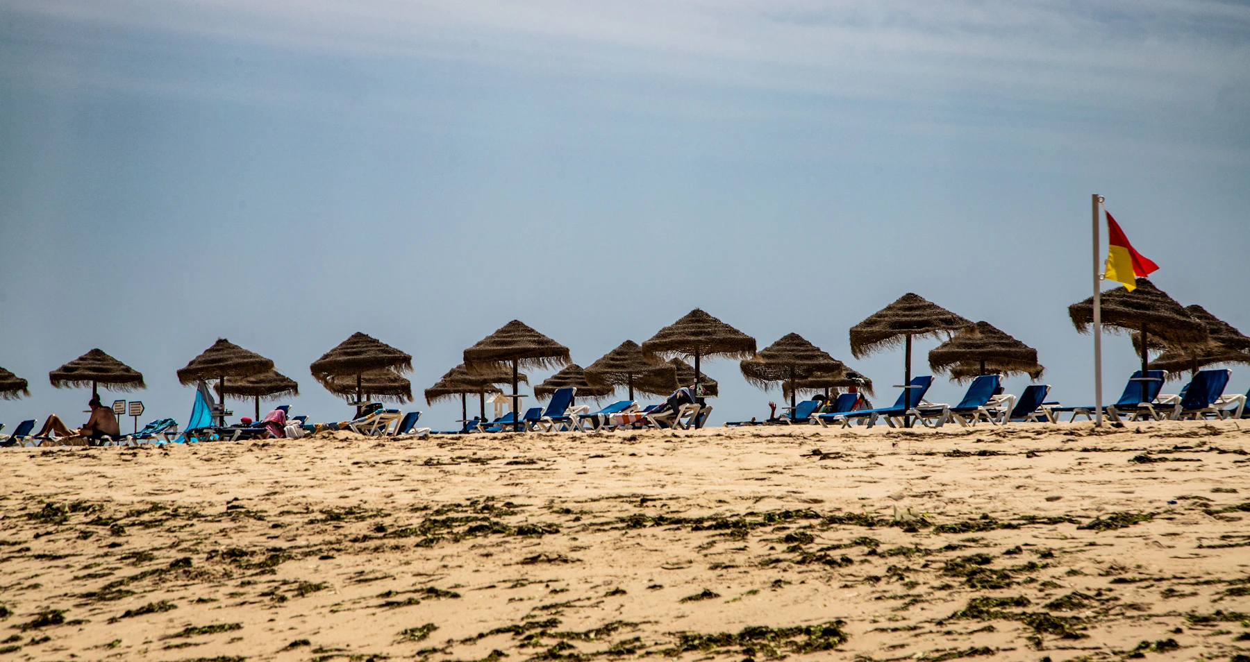 beach-banner — sun-drenched sandy beach with lounge chairs and umbrellas, warm afternoon light