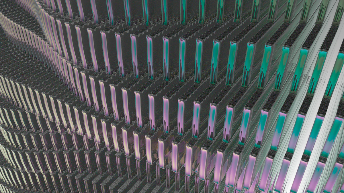 Abstract wavy metallic ridges with iridescent purple and teal colors