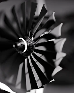 Black and white view of a spinning jet engine turbine.