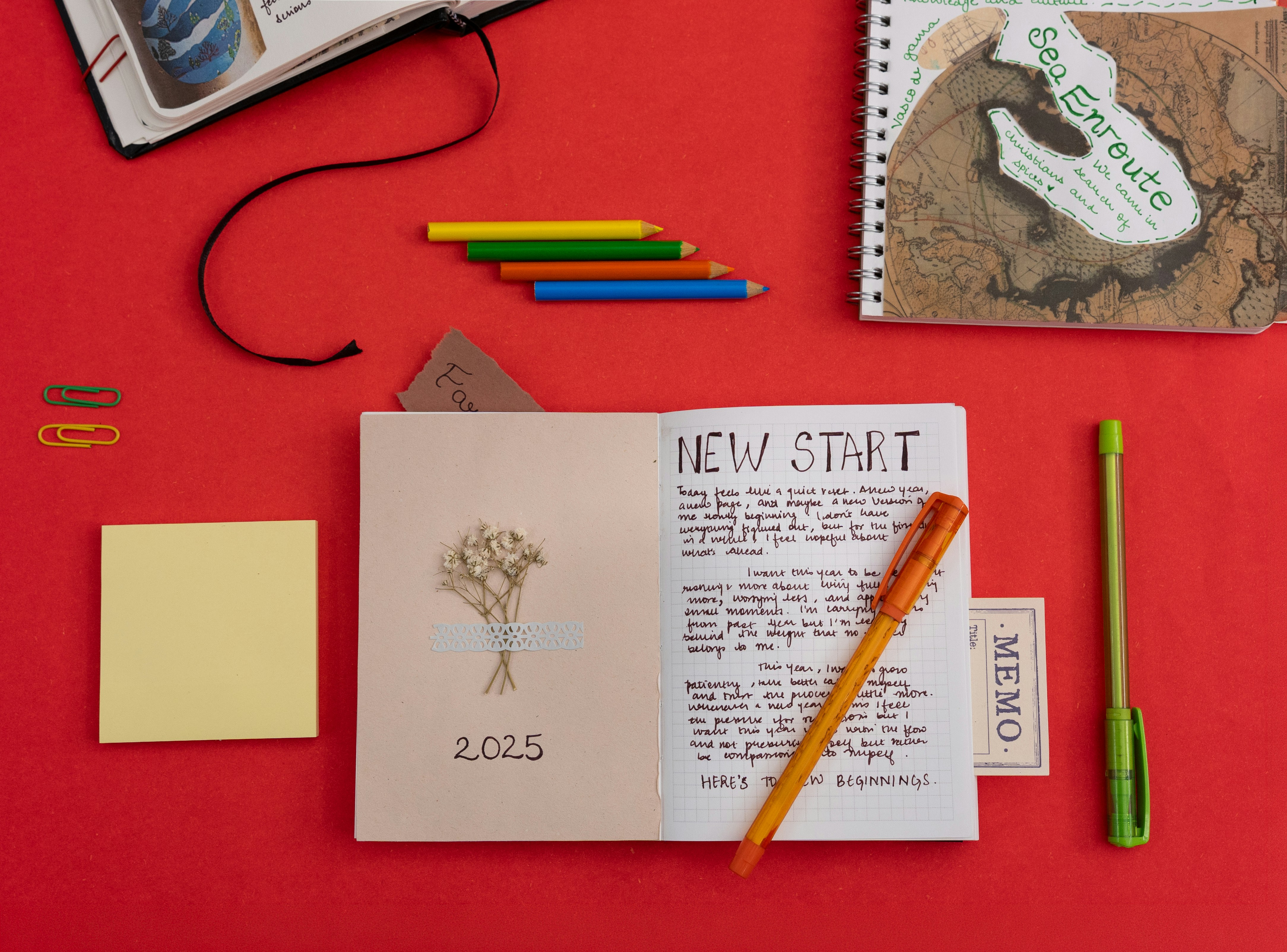 Notebook titled 'new start' with pens, pencils, and sticky notes.
