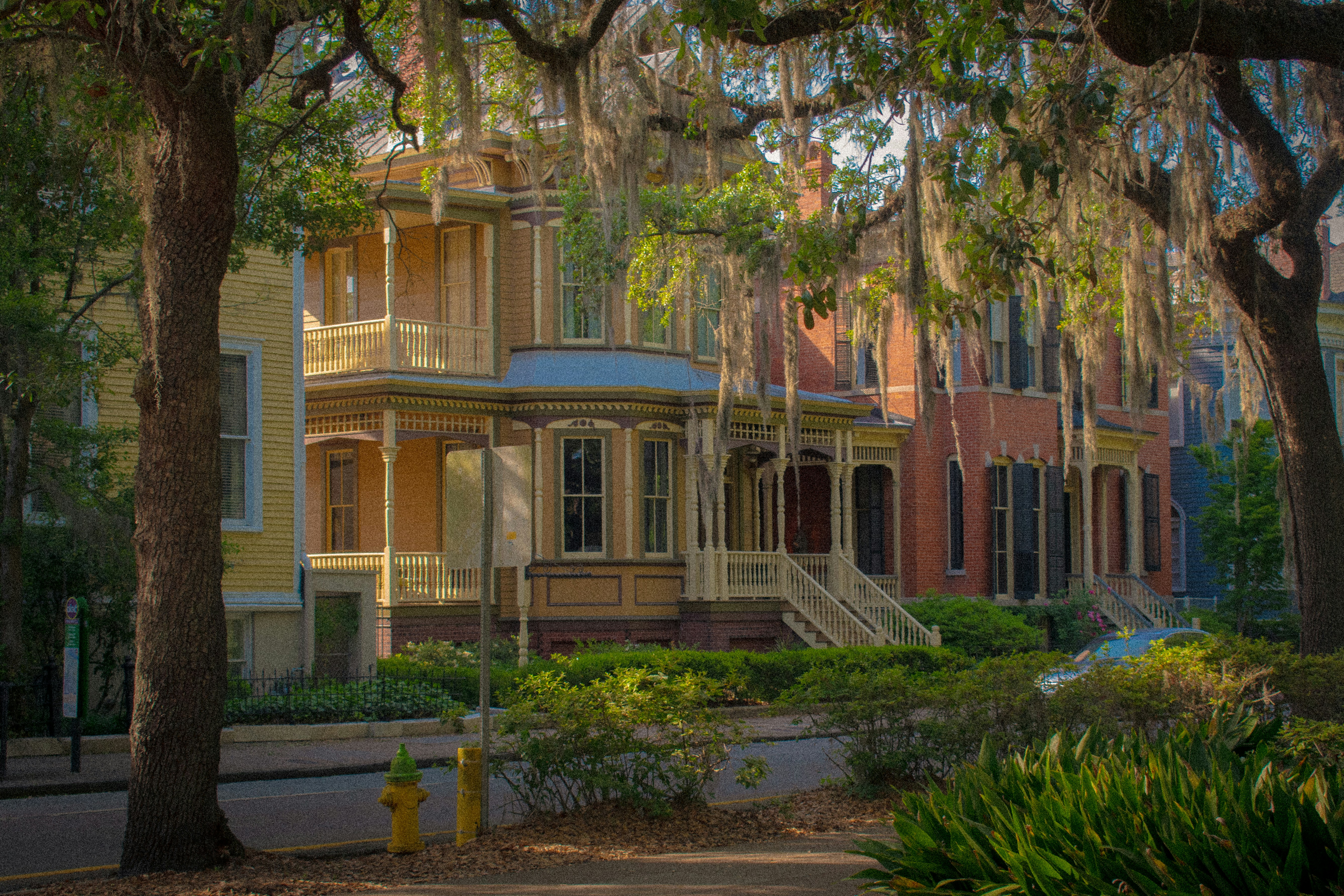 Historic houses with spanish moss-draped trees line a charming street.