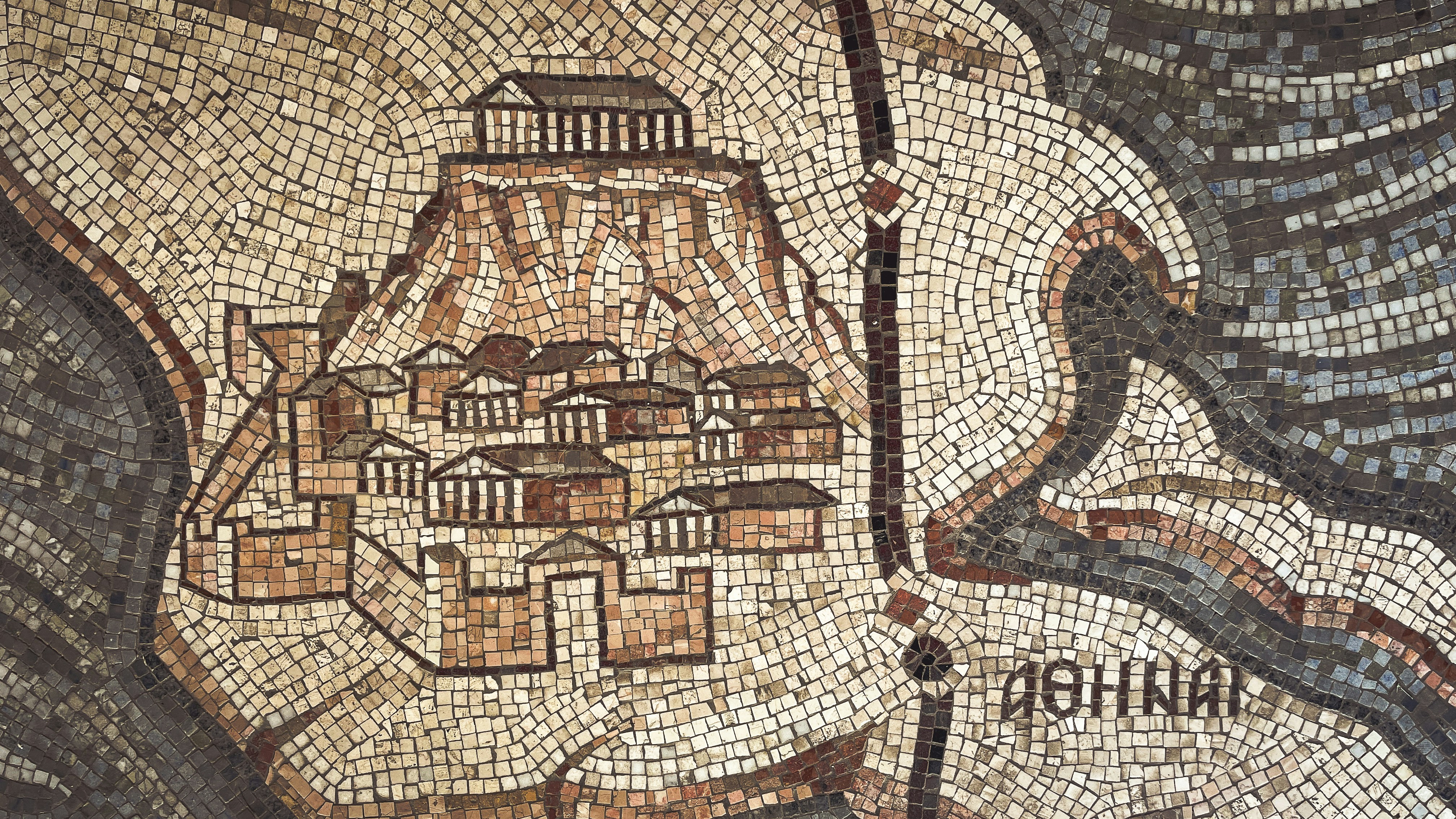 Antikes Stadtmosaik mit einem Tempel auf einem Hügel.