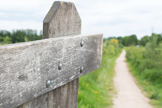 Old wooden fence post beside a winding dirt path.