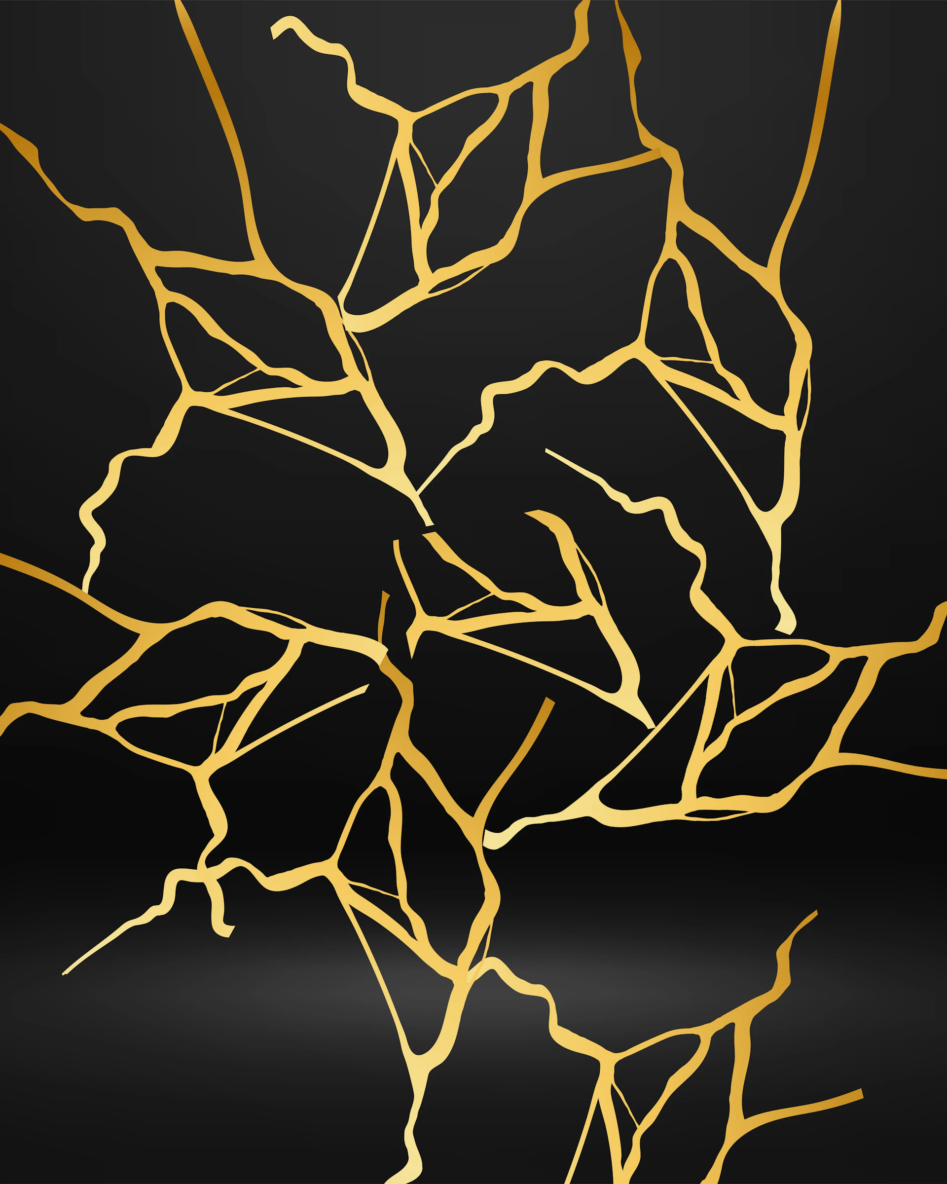 Golden cracks on a black background resembling kintsugi art.