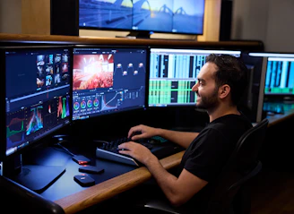 Smiling man editing video on multiple computer monitors.