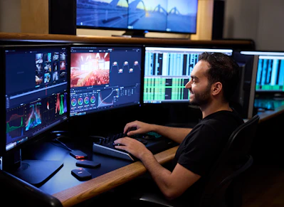 Smiling man editing video on multiple computer monitors.