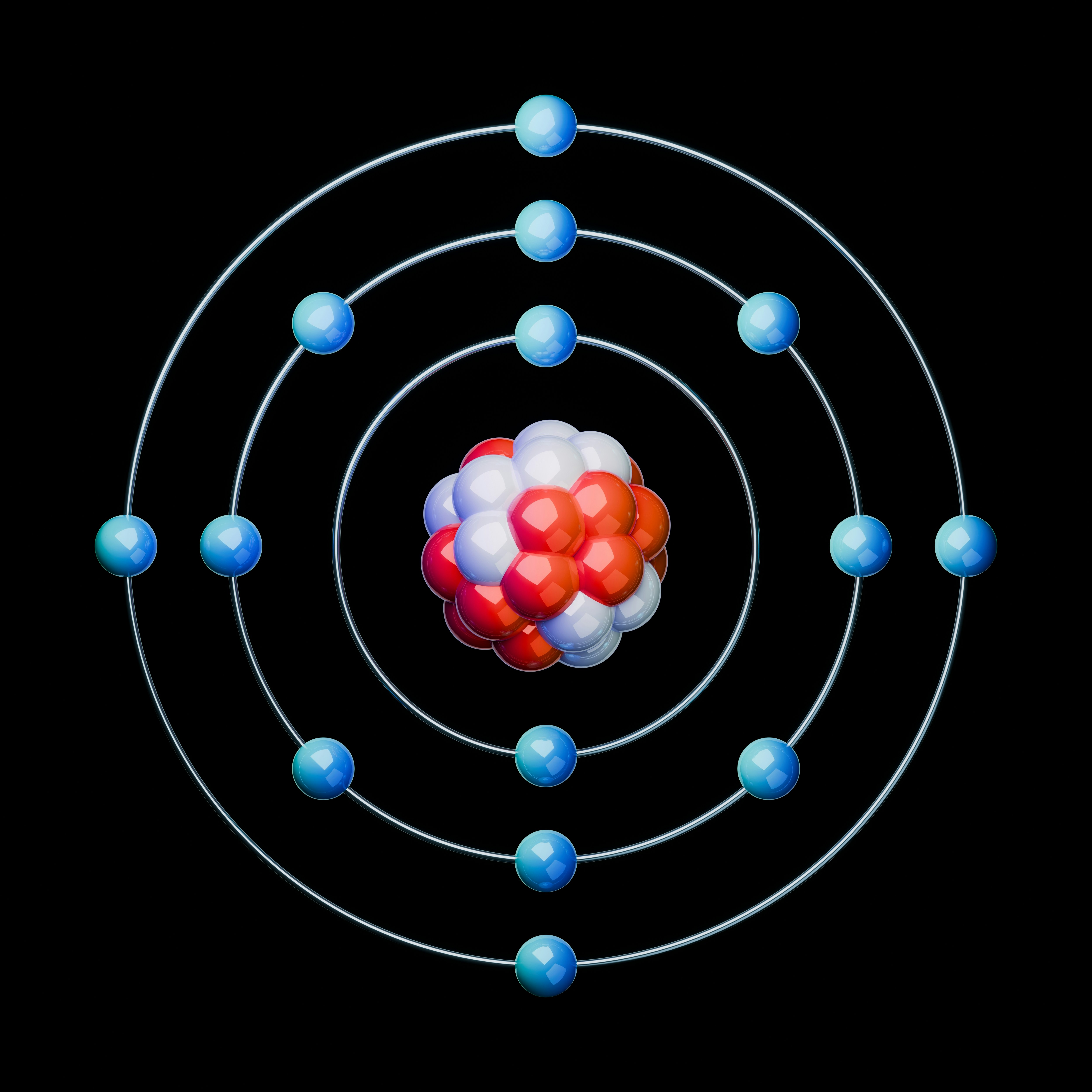 A high-quality 3D render of a Silicon atom (Si) of an atomic structure on a black background. Scientific illustration showing electron orbits and a central nucleus. Great for education, physics, and chemistry projects.