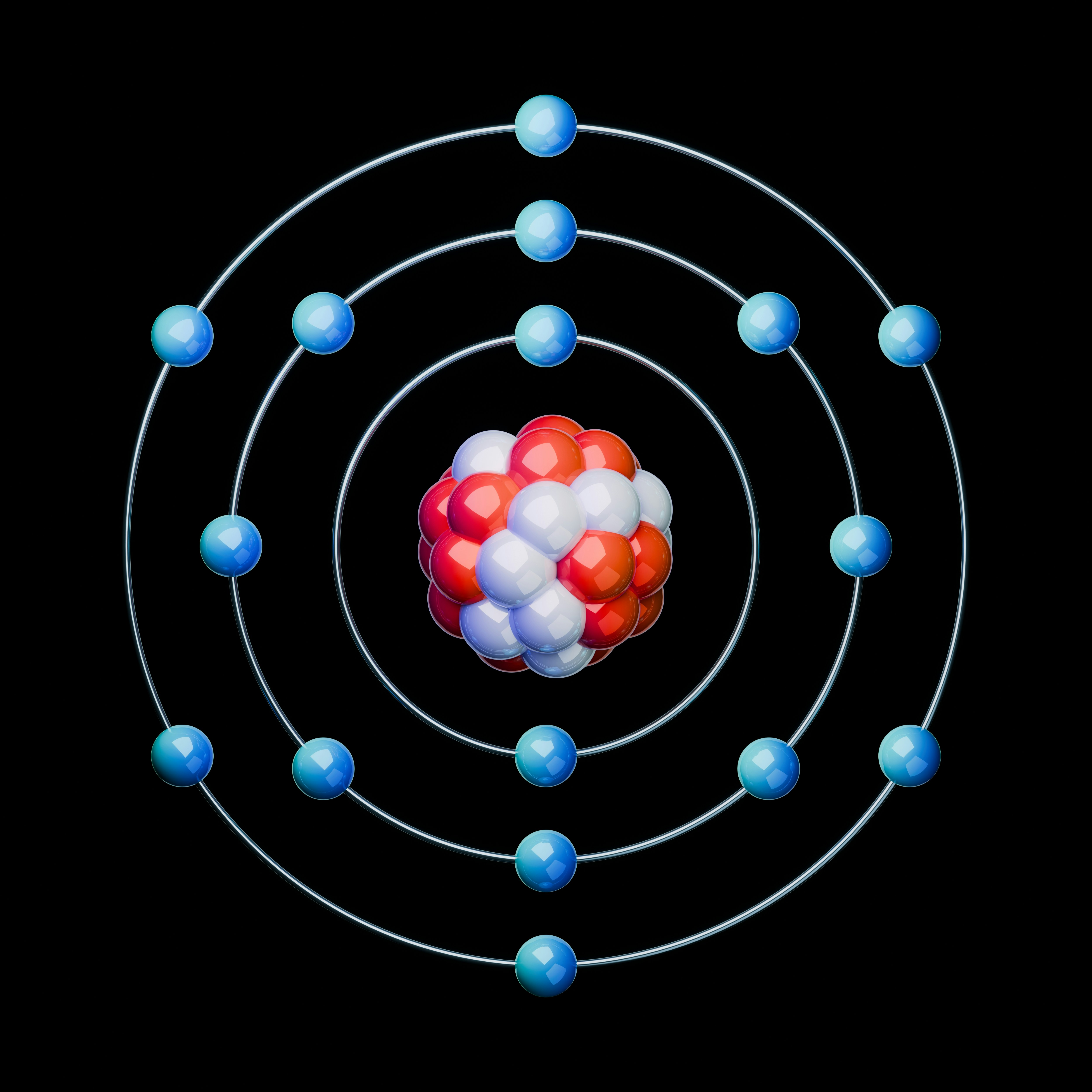 A high-quality 3D render of a Sulfur atom (S) of an atomic structure on a black background. Scientific illustration showing electron orbits and a central nucleus. Great for education, physics, and chemistry projects.