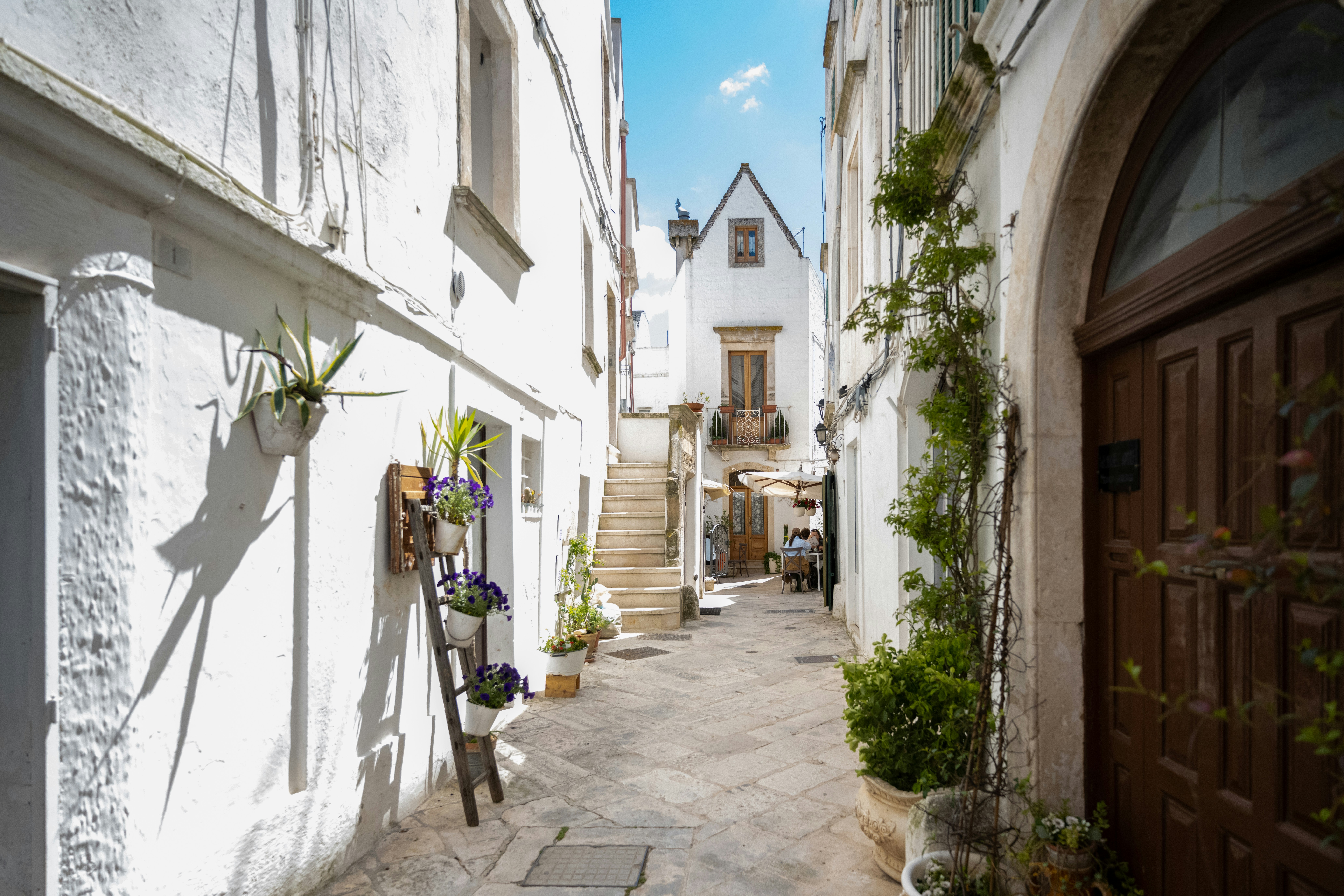une ruelle etroite avec des batiments blancs et des plantes en pot