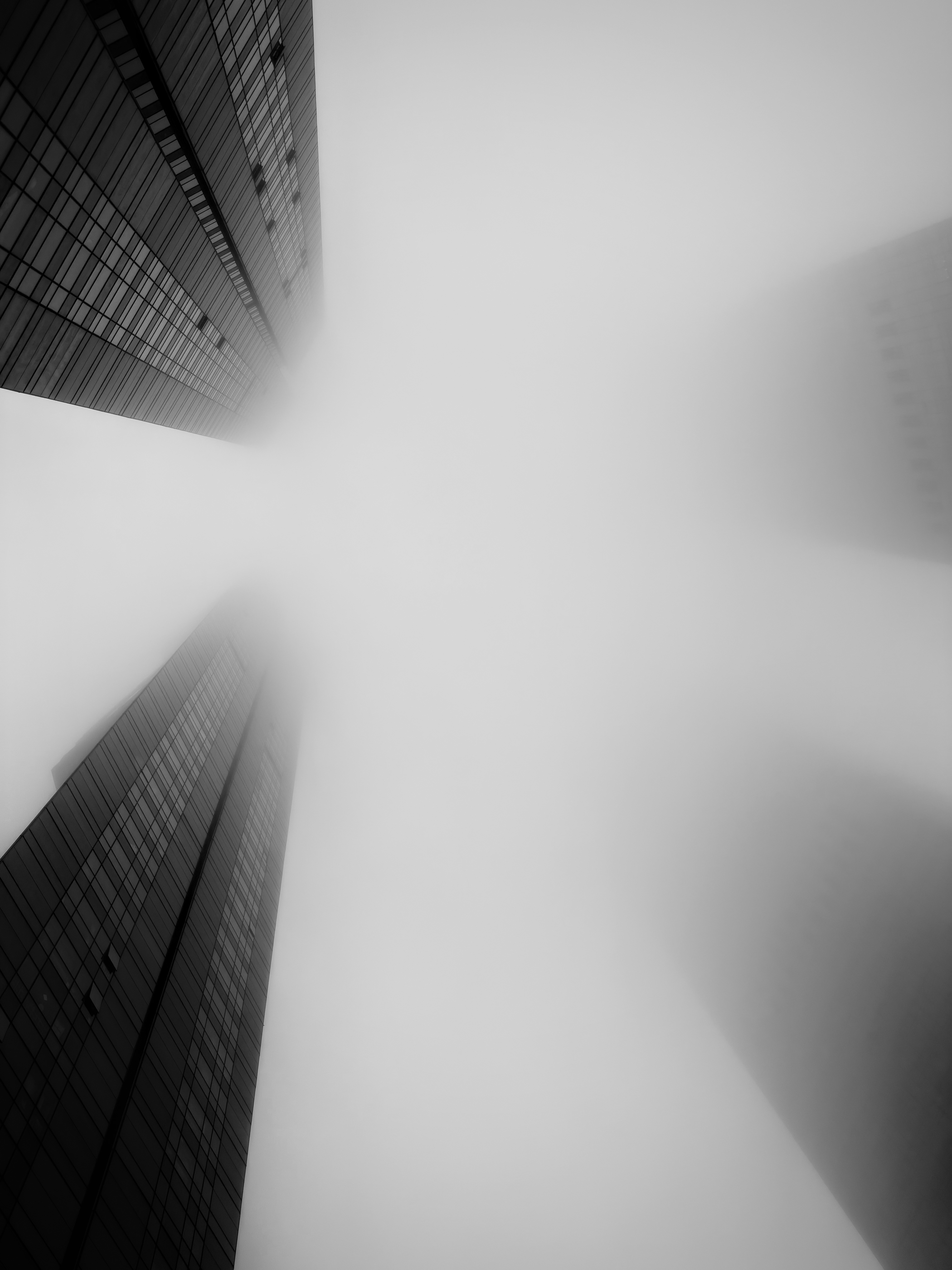 Skyscrapers disappearing into dense fog.