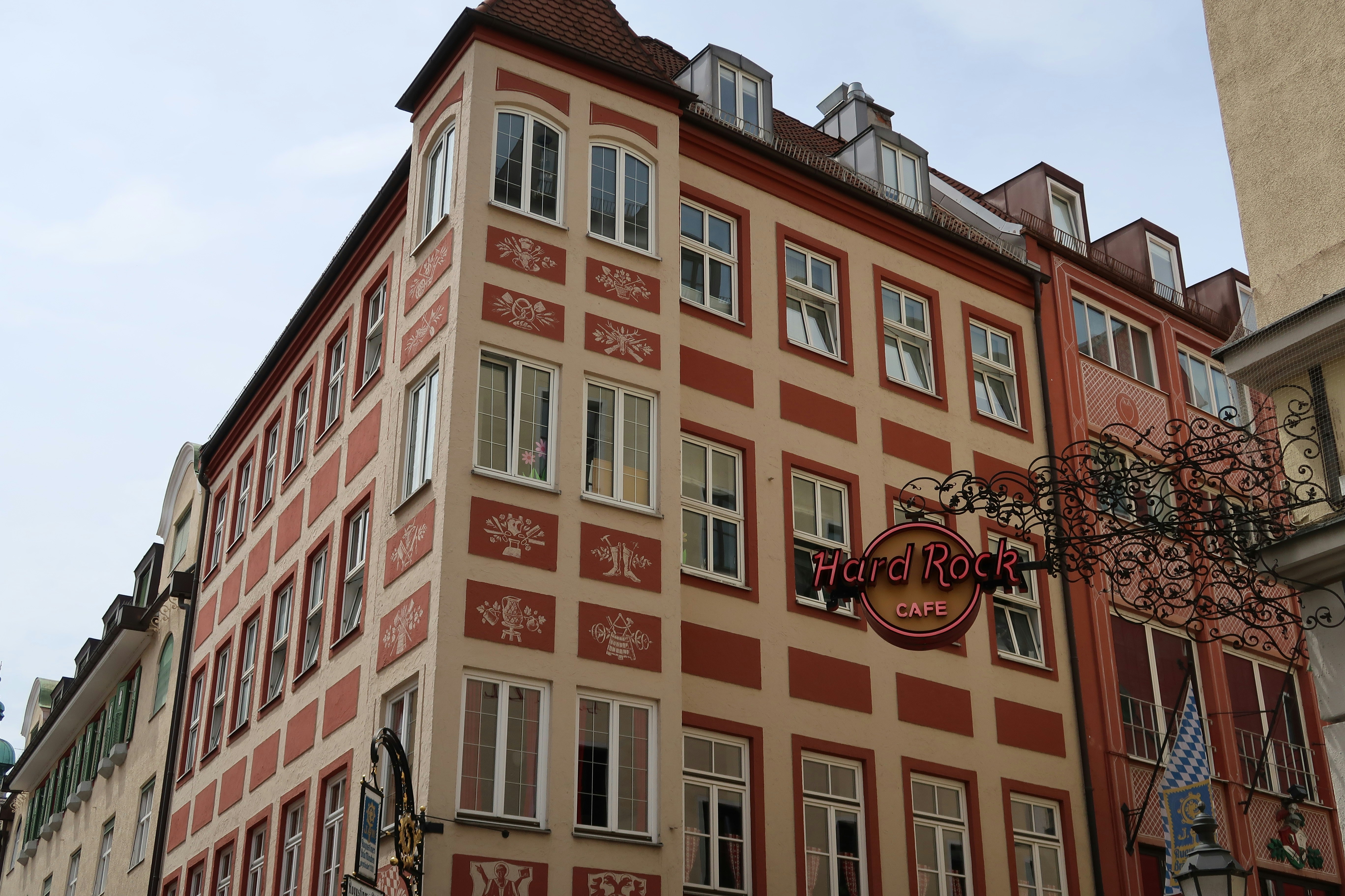 Hard rock cafe sign on a building with patterned facade