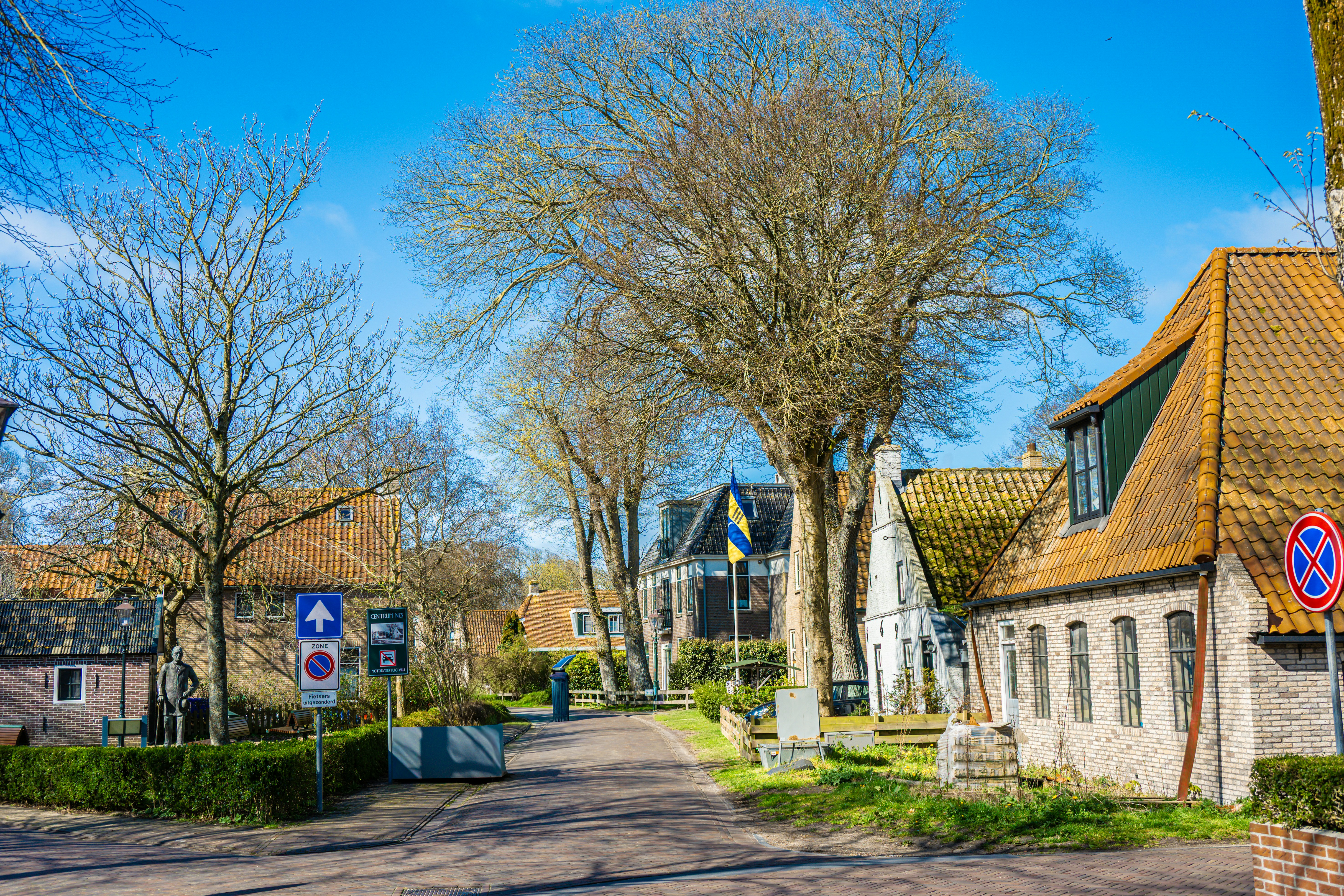 Quaint village street with traditional houses and bare trees.