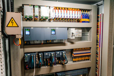 Industrial electrical control panel with wiring and electronic components.