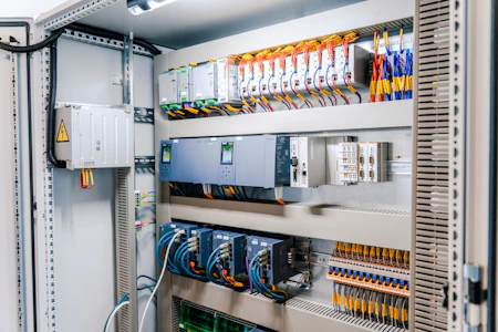 Open industrial electrical control panel with wires and modules.