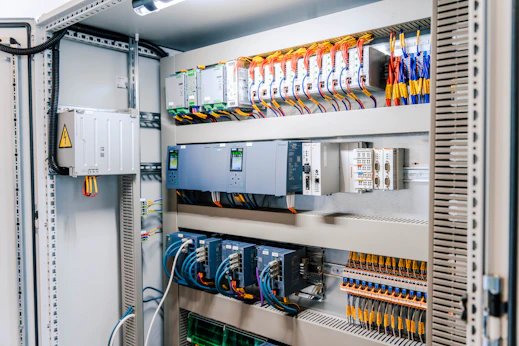 Open industrial electrical control panel with wires and modules.