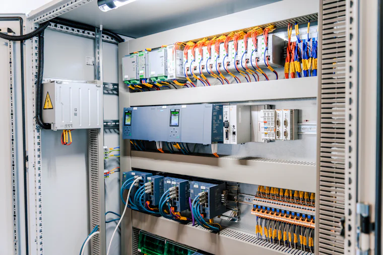 Tablero de control abierto con PLC, módulos de entradas y salidas, borneras y cableado ordenado