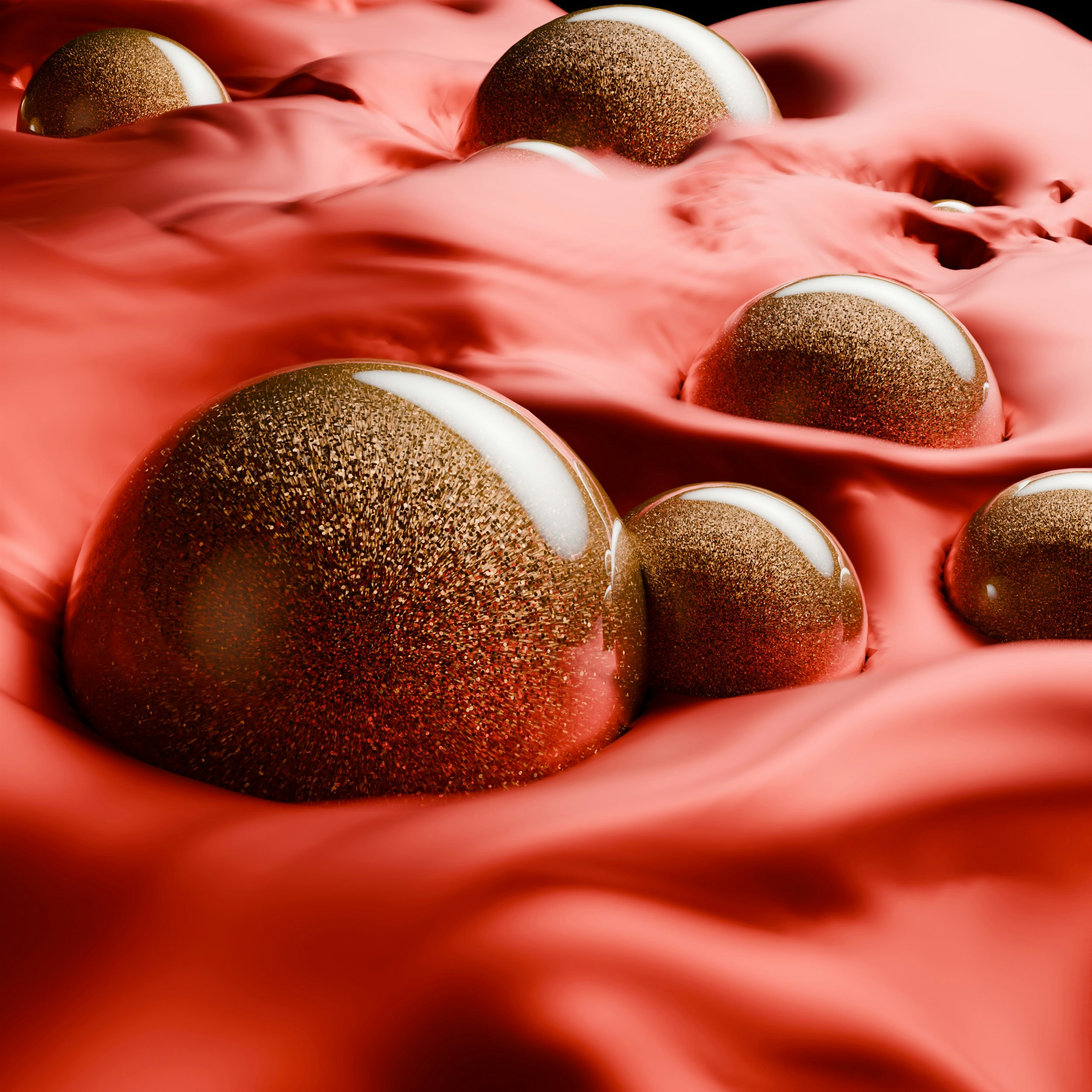 Glossy, textured spheres partially submerged in wavy red fluid.