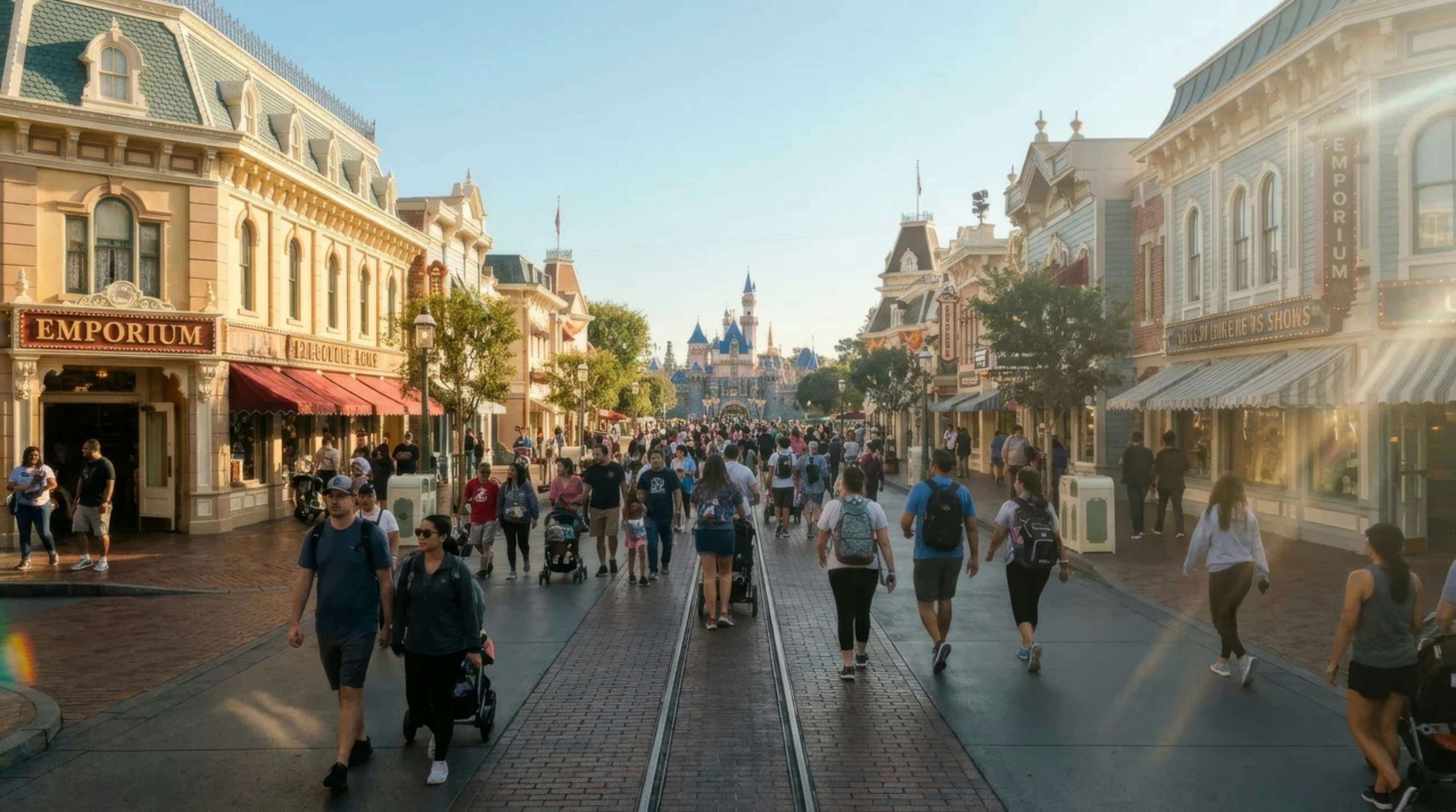 A bustling theme park street filled with walking guests.