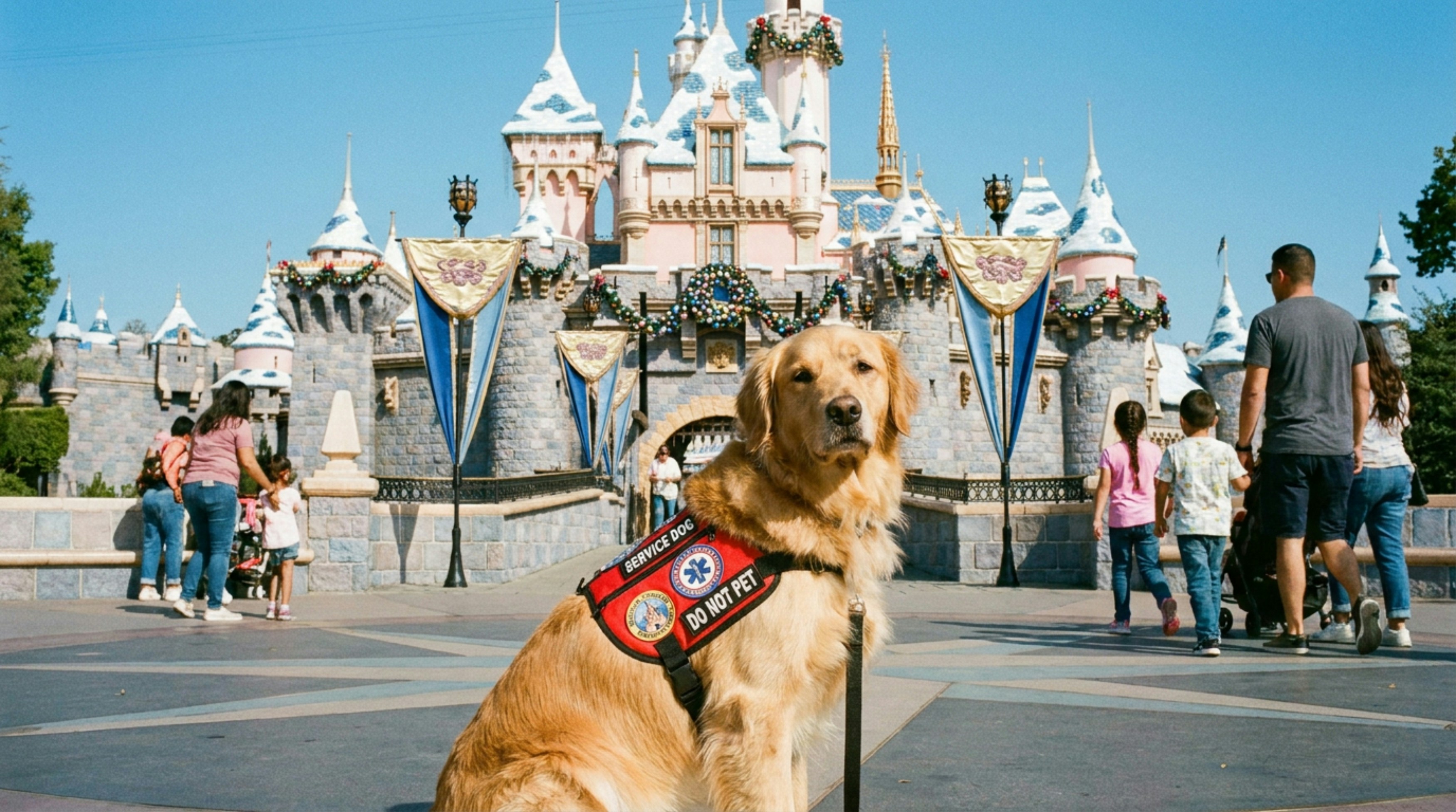 Golden retriever service dog sits before a majestic castle.