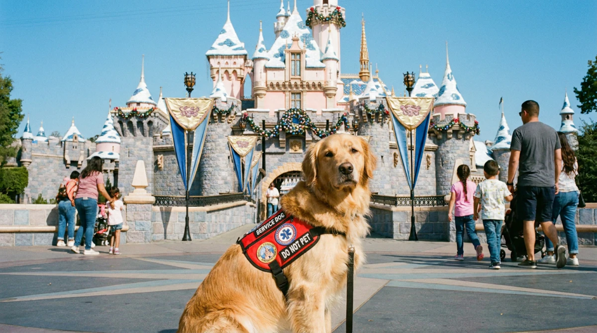 A golden retriever wearing a red working service vest sitting calmly in a busy public theme park plaza